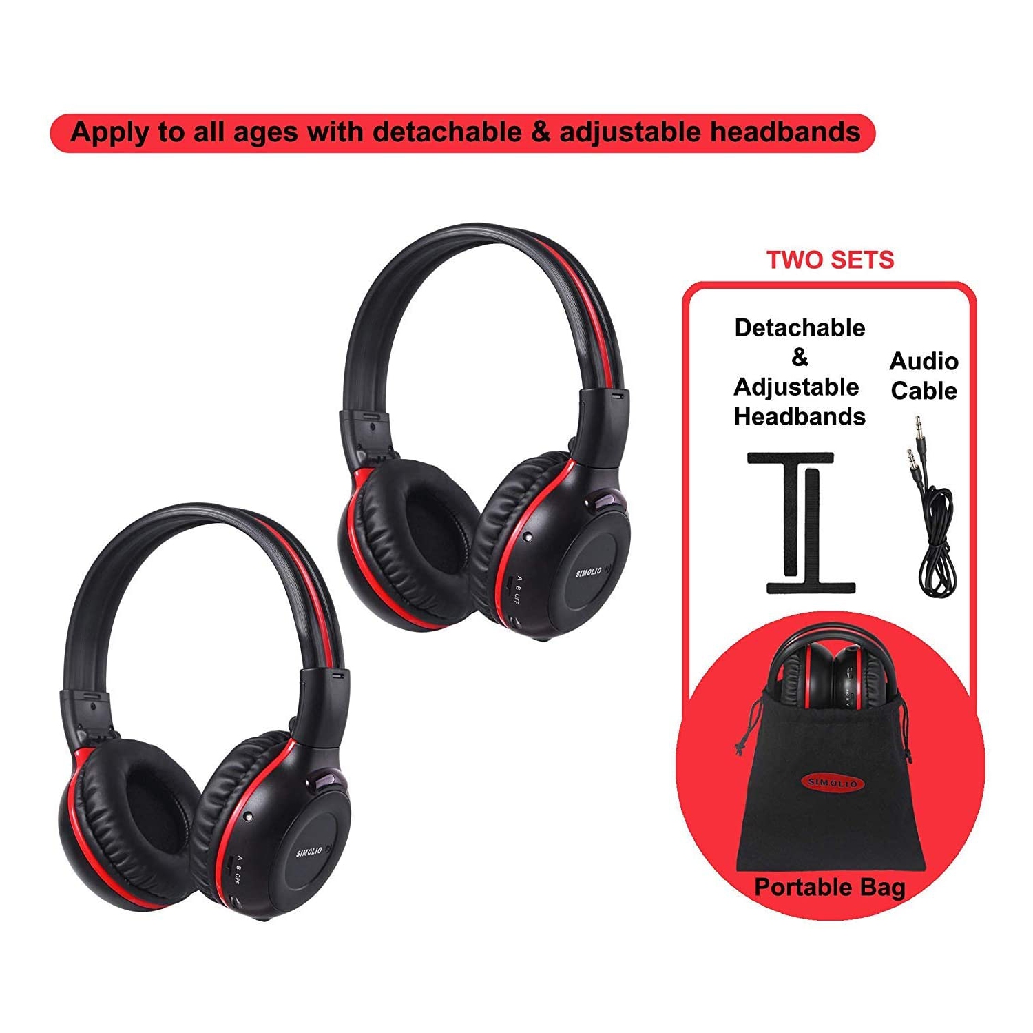 SIMOLIO 2 Pack of Wireless Car Headphones, 2 Channel IR Wireless Headphones for Kids, in Car Wireless DVD Headphones with Storage Bag for Universal