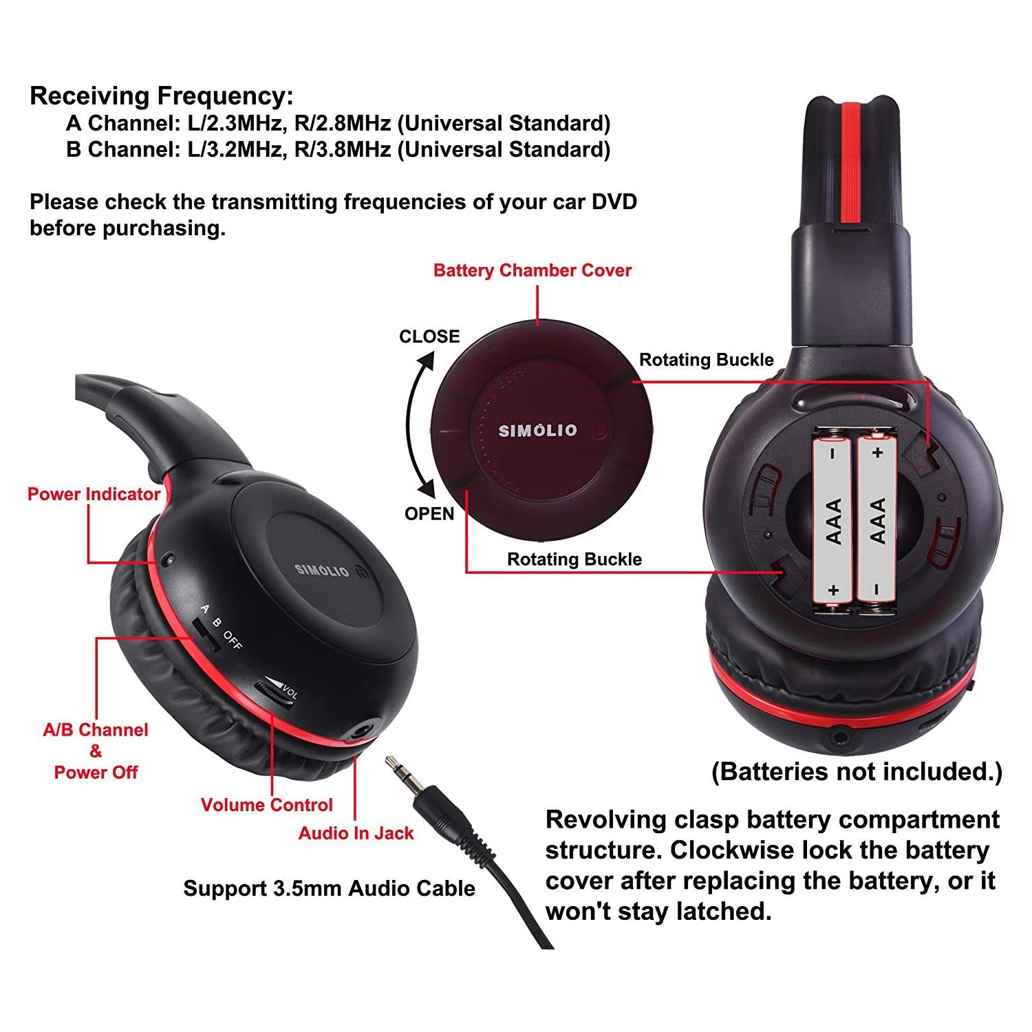 SIMOLIO 2 Pack of Wireless Car Headphones, 2 Channel IR Wireless Headphones for Kids, in Car Wireless DVD Headphones with Storage Bag for Universal