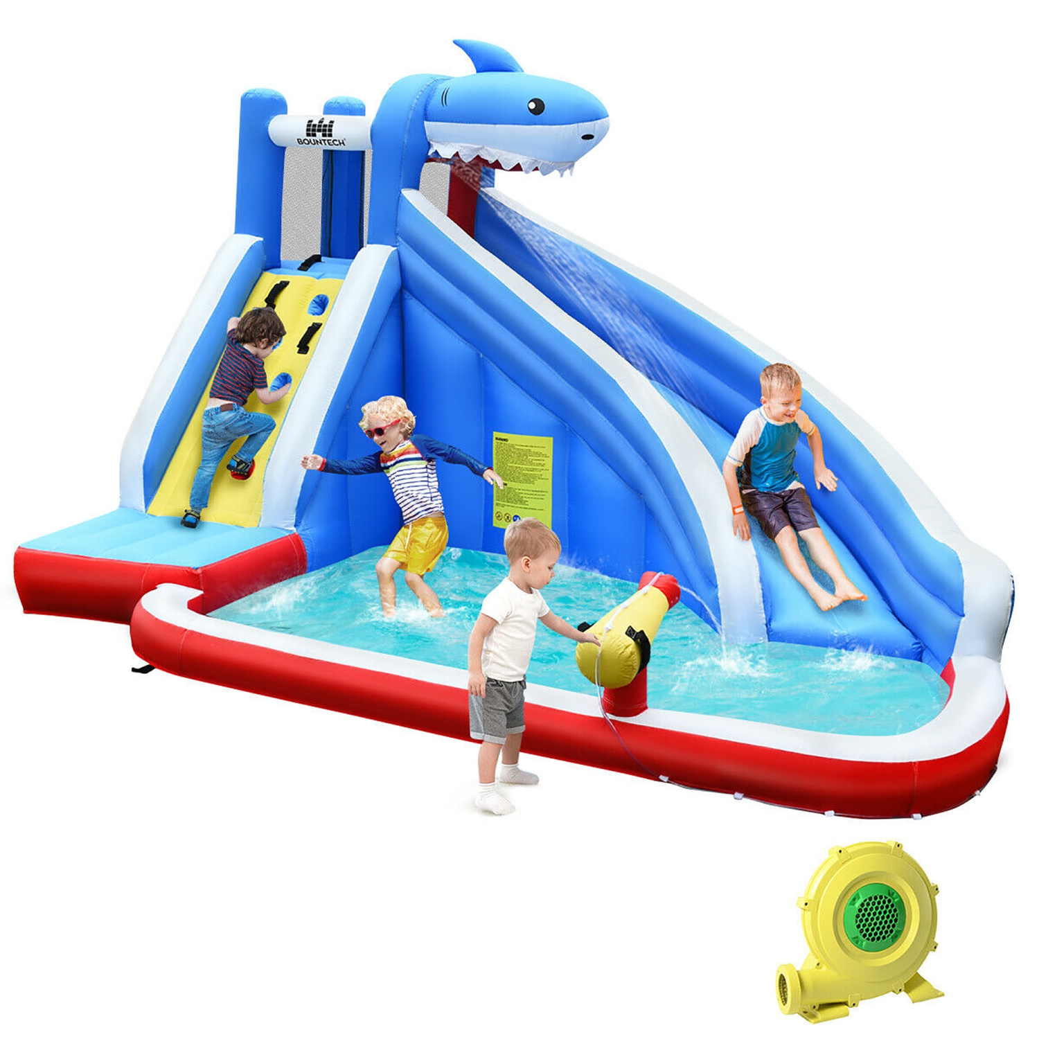 Piscine gonflable Water Slide Shark Bounce House Castle Splash avec souffleuse 750&nbsp;W de Costway