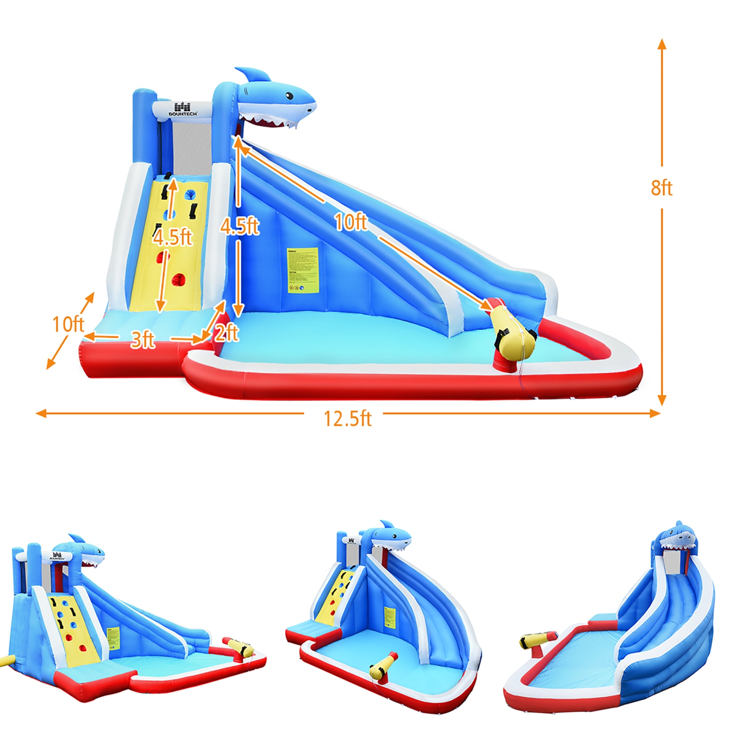 Piscine gonflable Water Slide Shark Bounce House Castle Splash avec souffleuse 750&nbsp;W de Costway