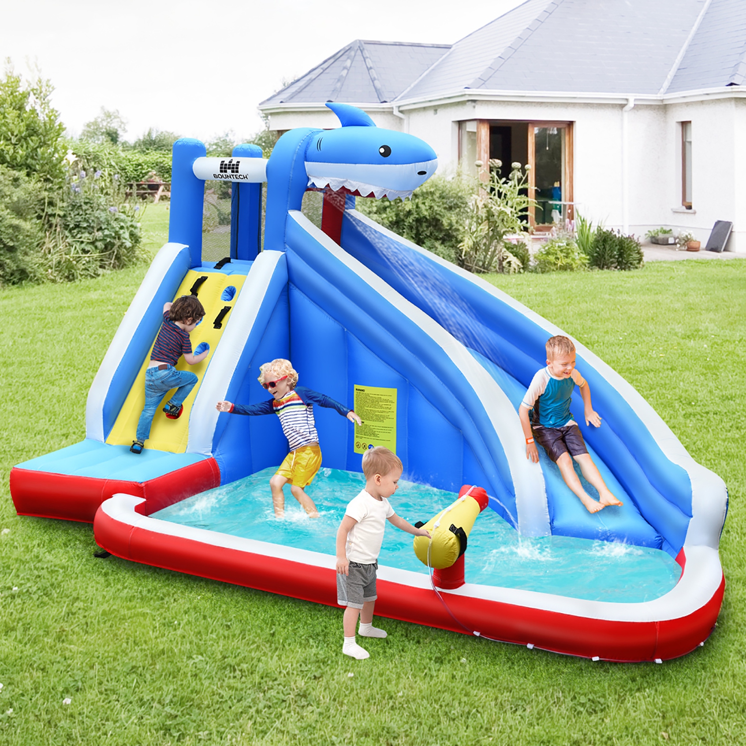 Piscine gonflable Water Slide Shark Bounce House Castle Splash avec souffleuse 750&nbsp;W de Costway