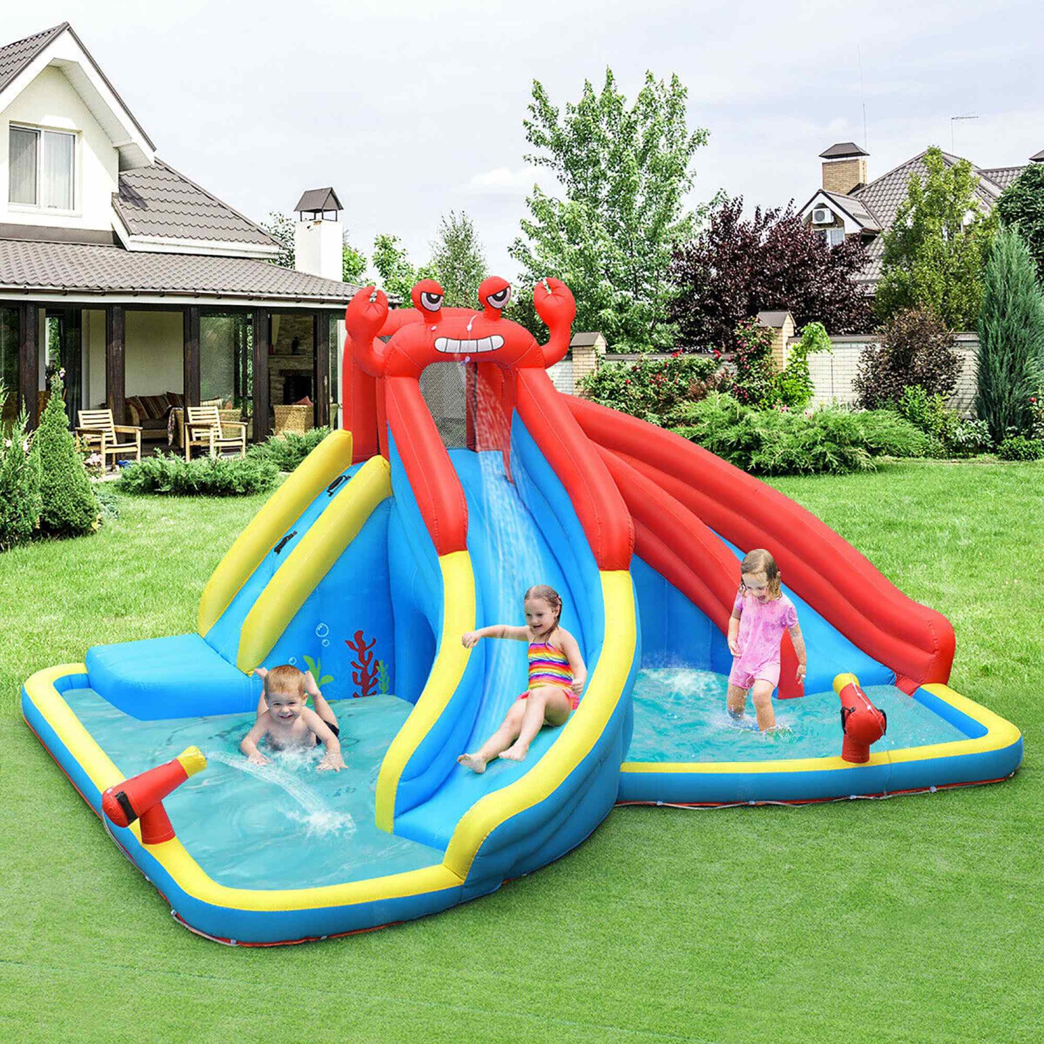 Piscine gonflable Water Slide Crabe Bounce House de Costway avec souffleuse 950 W