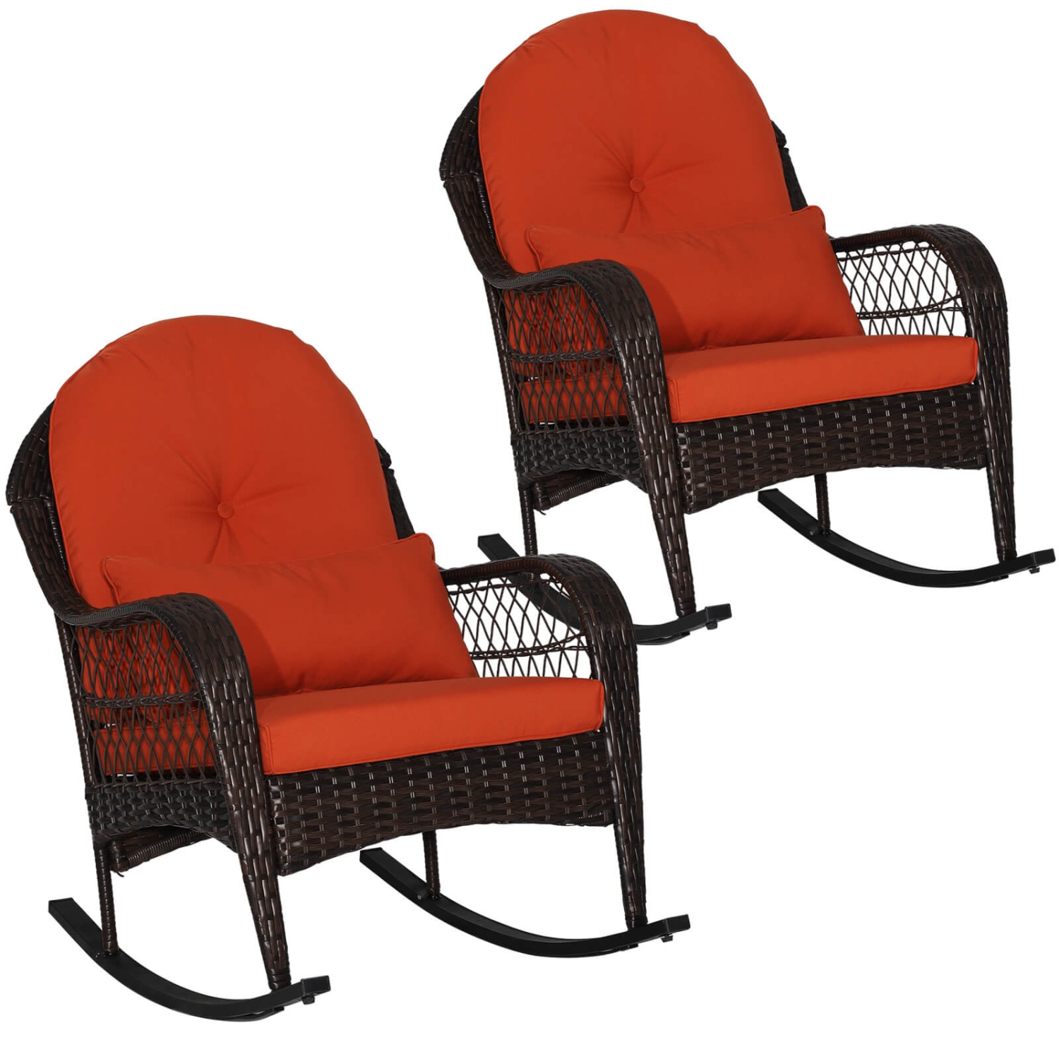 Costway 2PCS Outdoor Patio Rattan Wicker Rocking Chair Rocker Cushion Pillow Garden Deck