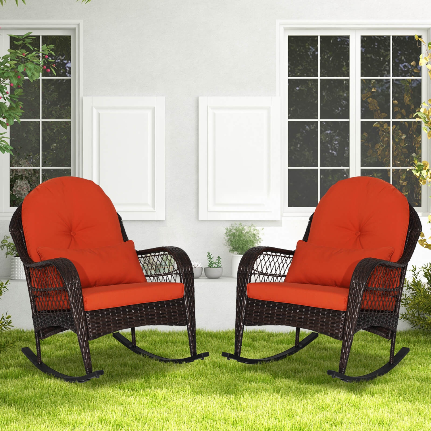 Costway 2PCS Outdoor Patio Rattan Wicker Rocking Chair Rocker Cushion Pillow Garden Deck