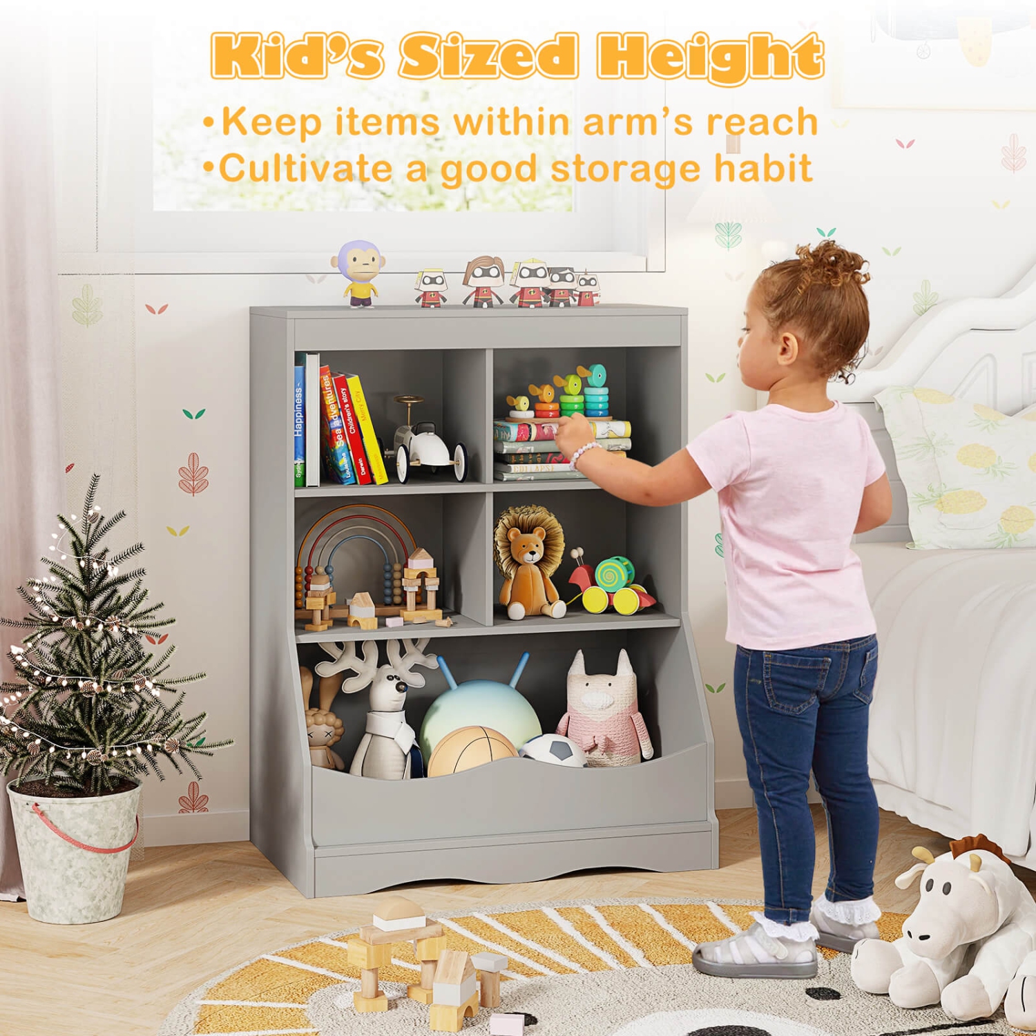 Costway 3-Tier Children's Multi-Functional Bookcase Toy Storage Bin Floor Cabinet
