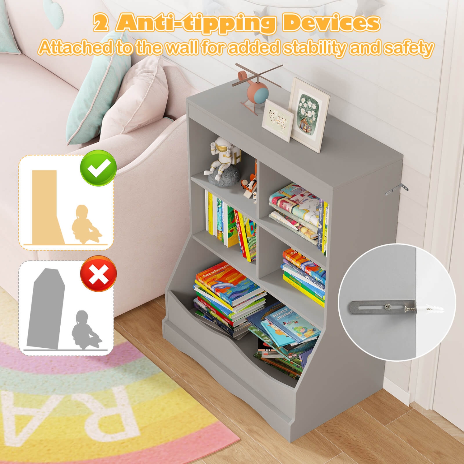 Costway 3-Tier Children's Multi-Functional Bookcase Toy Storage Bin Floor Cabinet