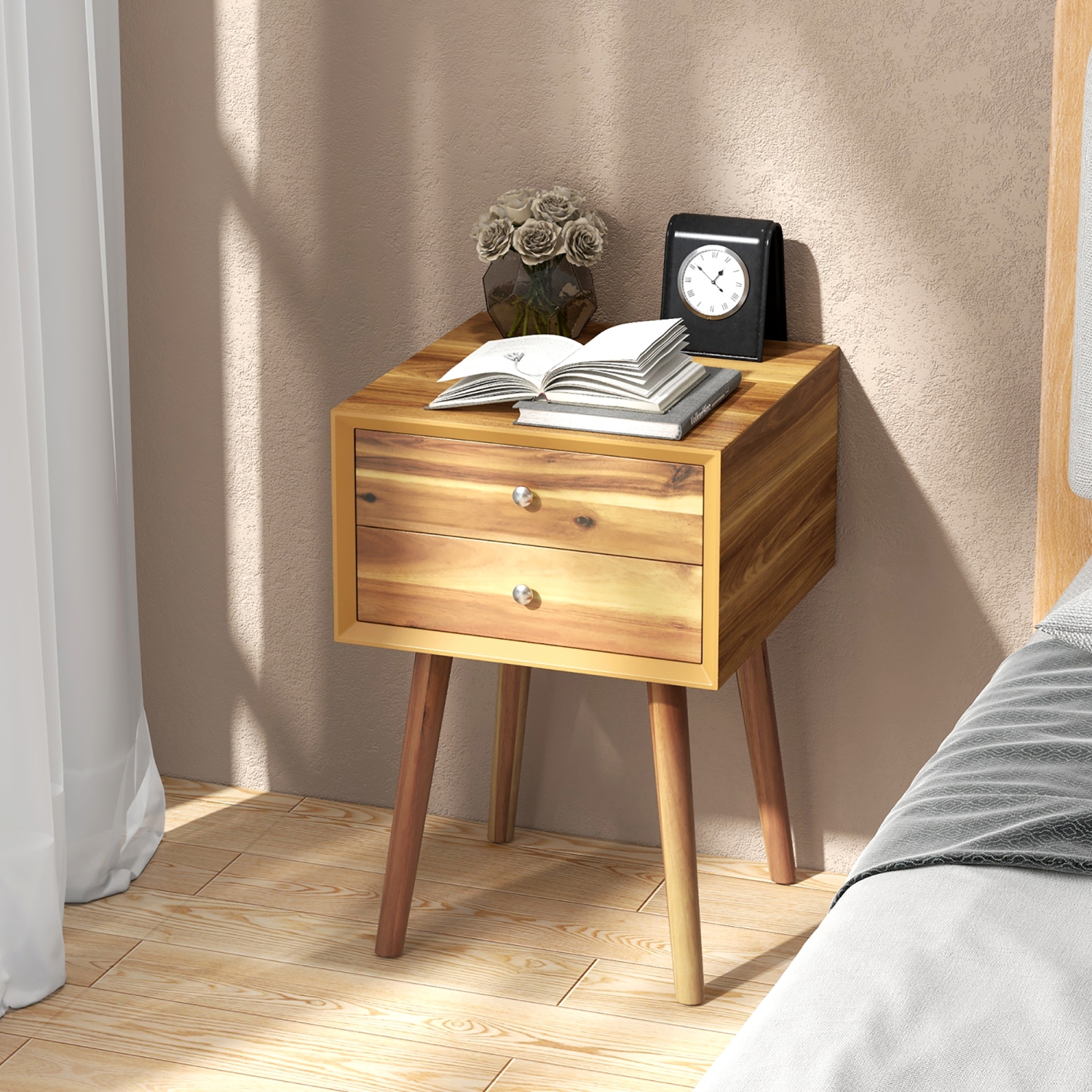 Gymax 2PCS 2-Drawer Nightstand Mid-century Modern Bed Side Table w/ Storage Multipurpose End Table Brown