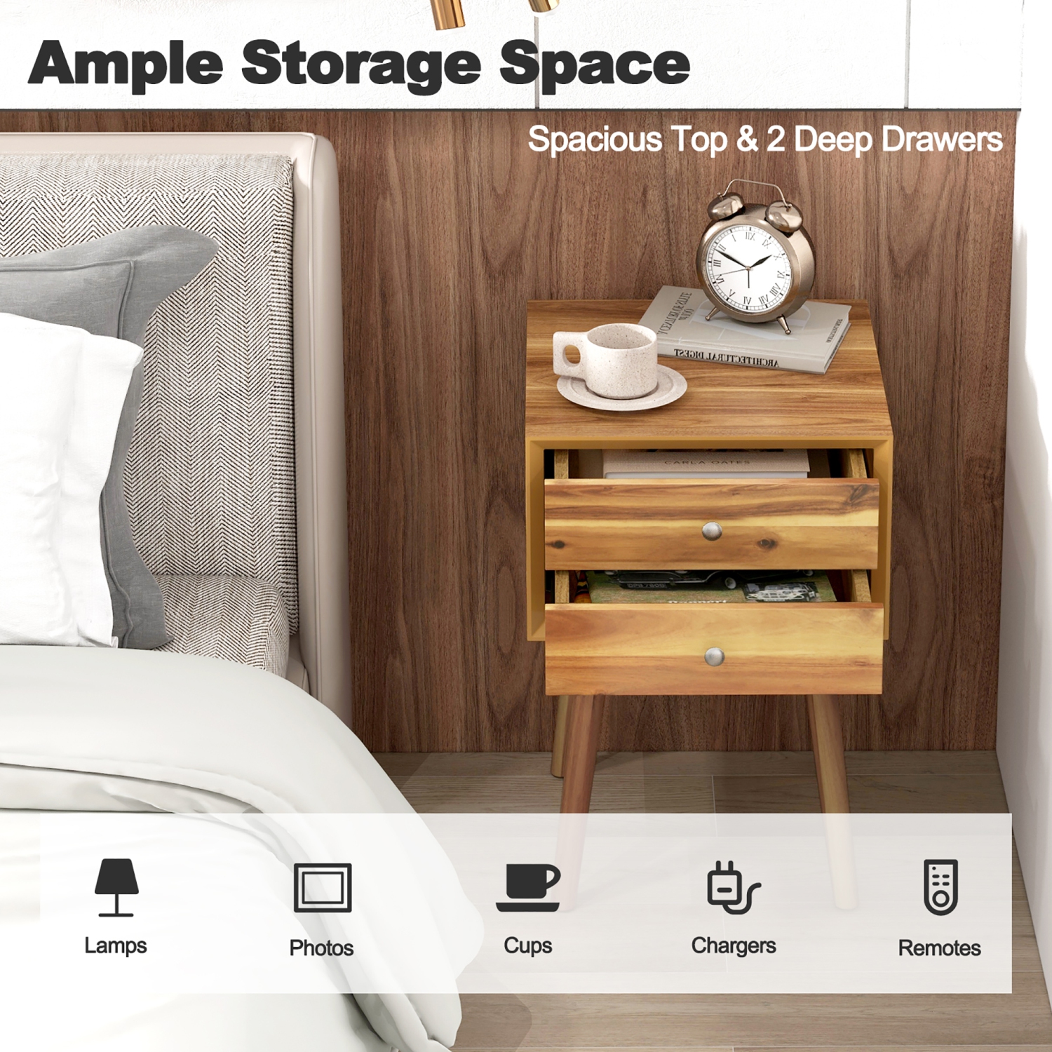 Gymax 2PCS 2-Drawer Nightstand Mid-century Modern Bed Side Table w/ Storage Multipurpose End Table Brown