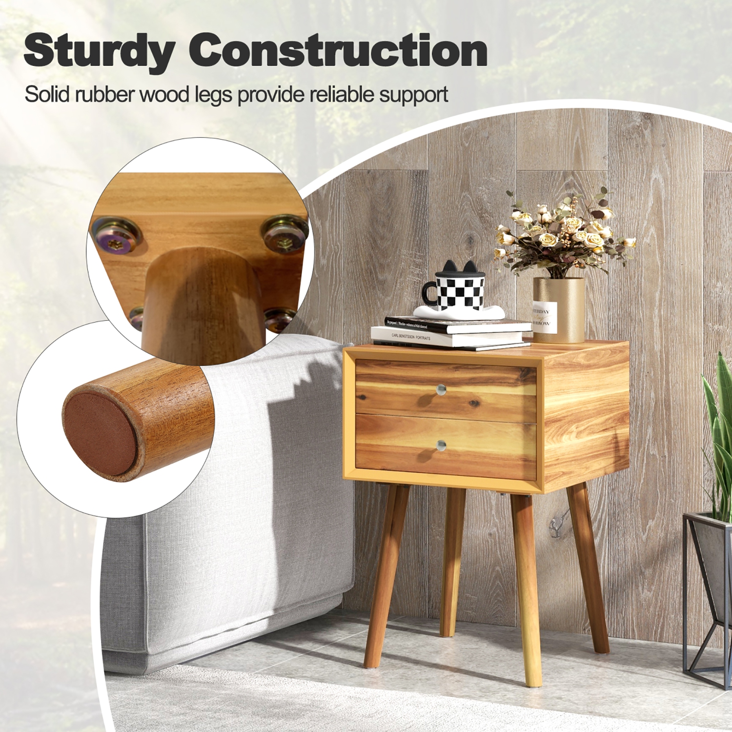 Gymax 2PCS 2-Drawer Nightstand Mid-century Modern Bed Side Table w/ Storage Multipurpose End Table Brown