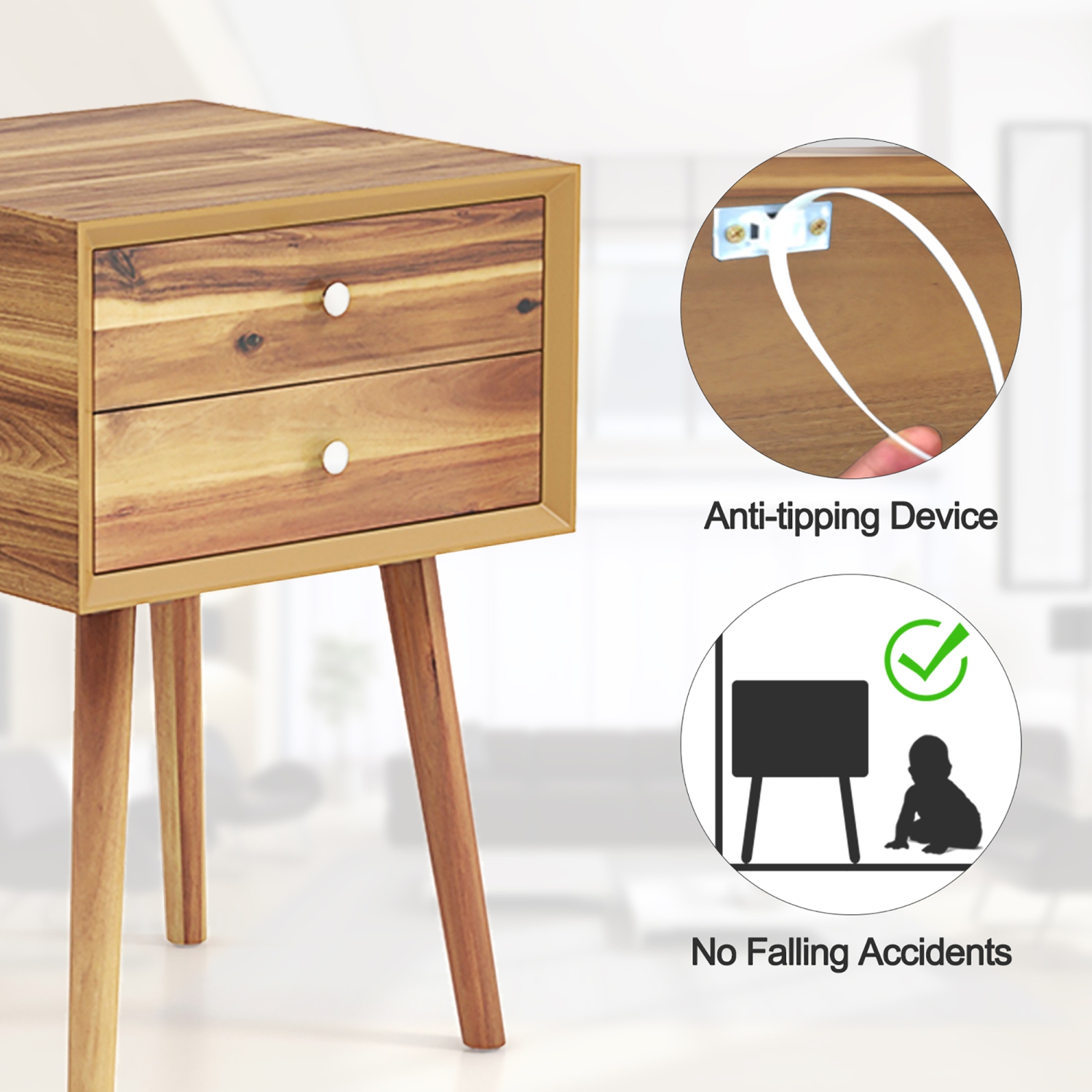 Gymax 2PCS 2-Drawer Nightstand Mid-century Modern Bed Side Table w/ Storage Multipurpose End Table Brown