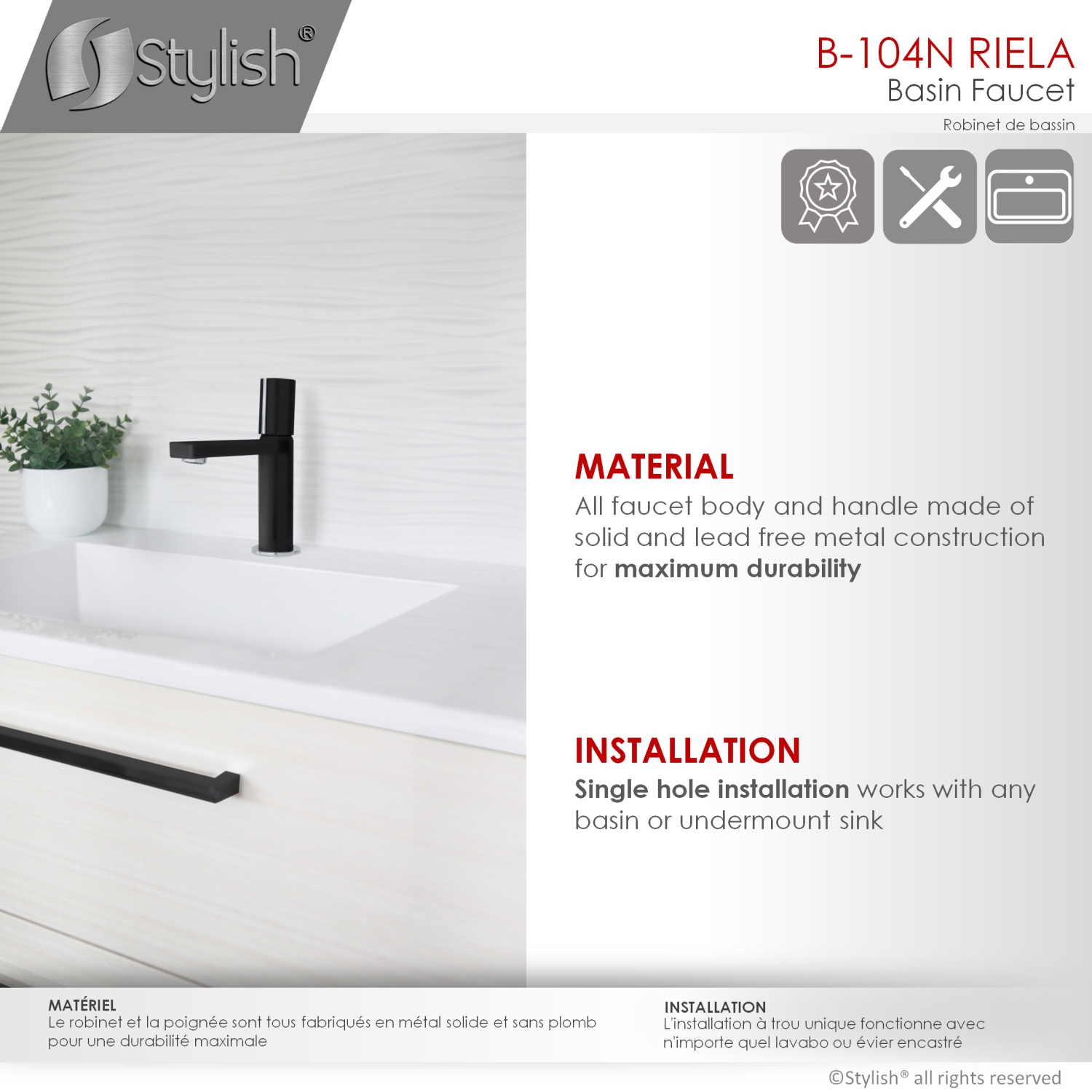 STYLISH Single Handle Modern Bathroom Faucet Basin Sink Faucet, Matte Black Finish B-104NC