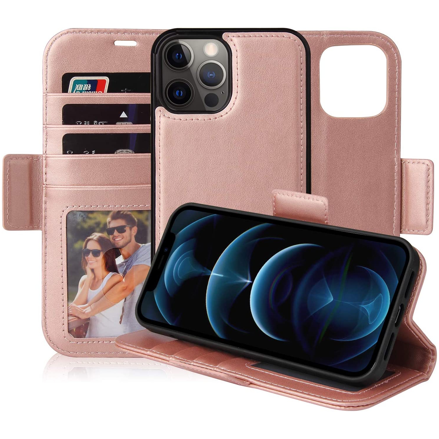 Navor Detachable Magnetic Wallet Case with RFID Protection Compatible for iPhone 12 Pro Max [6.7 inch] [Vajio Series] - Rose Gold