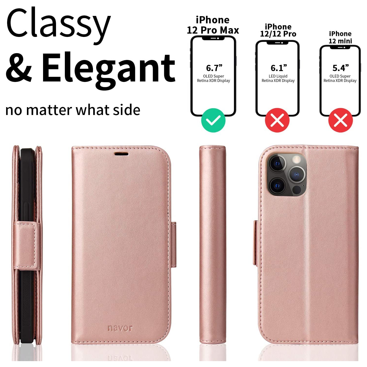 Navor Detachable Magnetic Wallet Case with RFID Protection Compatible for iPhone 12 Pro Max [6.7 inch] [Vajio Series] - Rose Gold