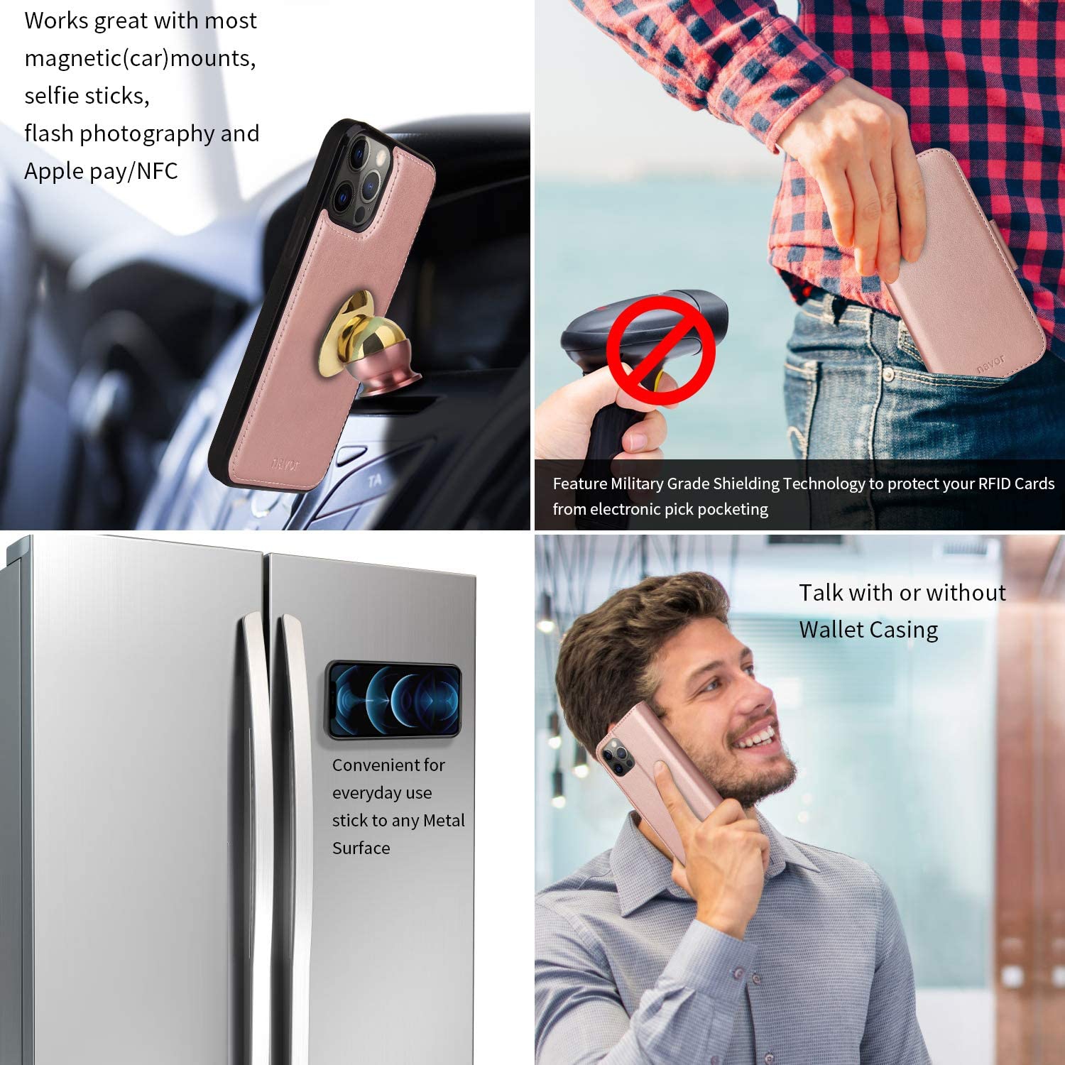 Navor Detachable Magnetic Wallet Case with RFID Protection Compatible for iPhone 12 Pro Max [6.7 inch] [Vajio Series] - Rose Gold