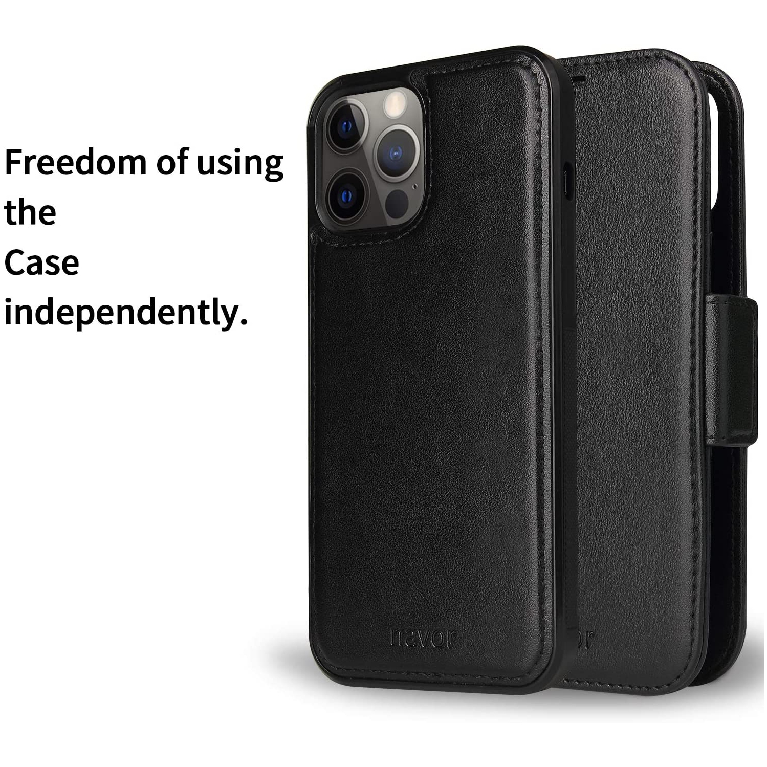 Navor Detachable Magnetic Wallet Case with RFID Compatible for iPhone 12 Pro Max [6.7 inch] [Vajio Series] - Black