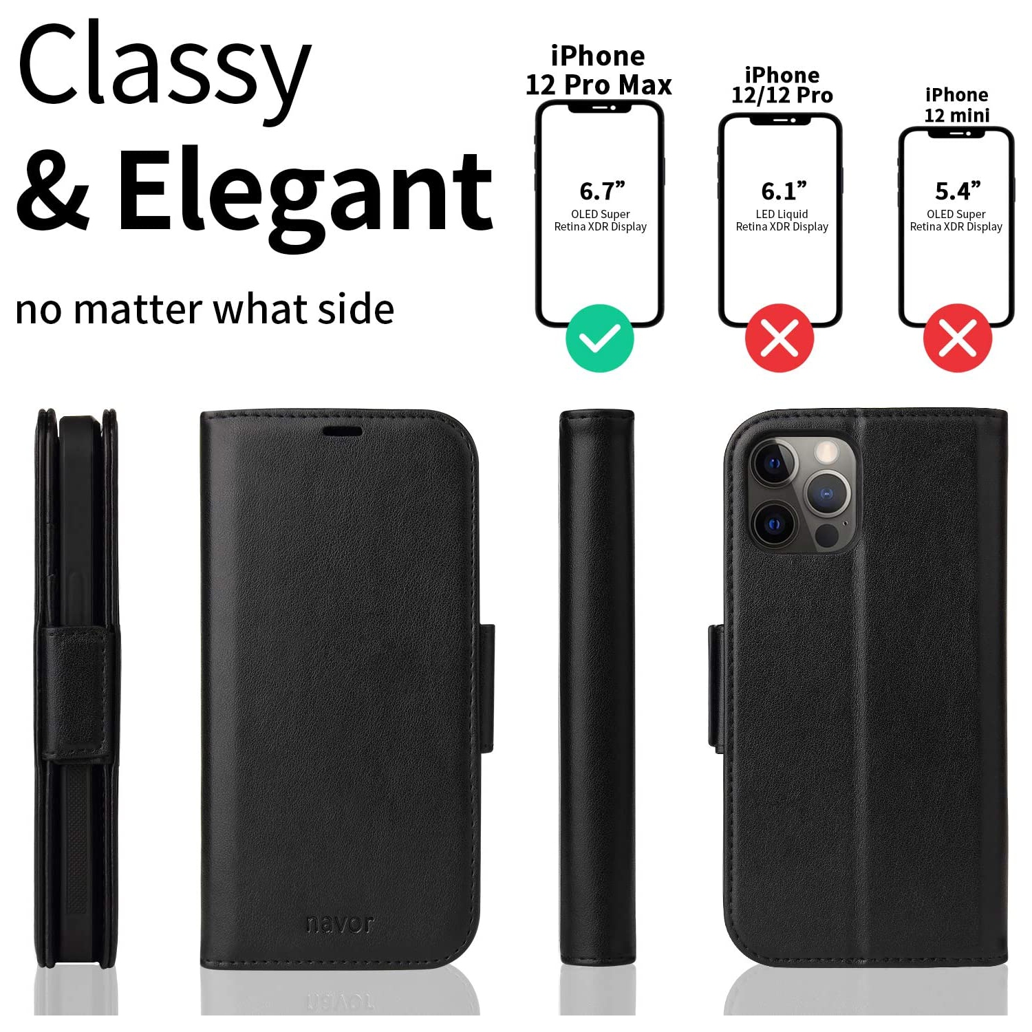 Navor Detachable Magnetic Wallet Case with RFID Compatible for iPhone 12 Pro Max [6.7 inch] [Vajio Series] - Black