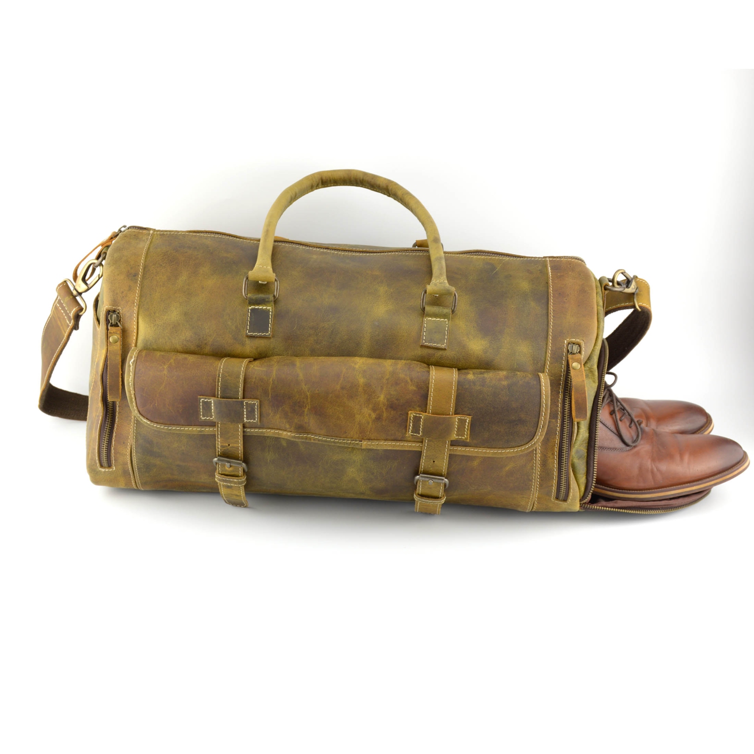 Buff Leather Duffel Bag 20" // Shoes Compartment / Brown