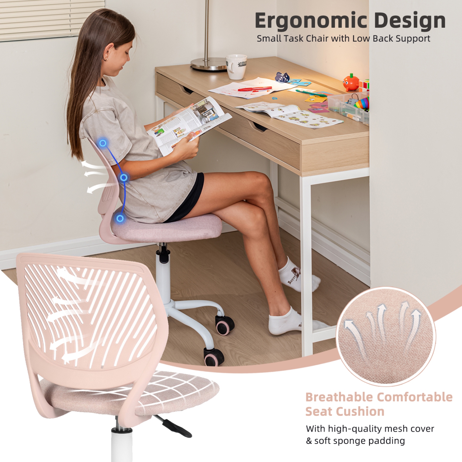 HOMY CASA Desk Chair Office Task Chair Mid Back Adjustable Swivel Soft ...