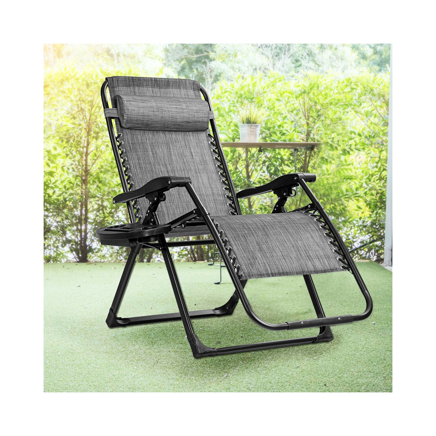 Gymax Folding Zero weighted Lounge Chair Recliner w/ Cup Holder Tray Pillow