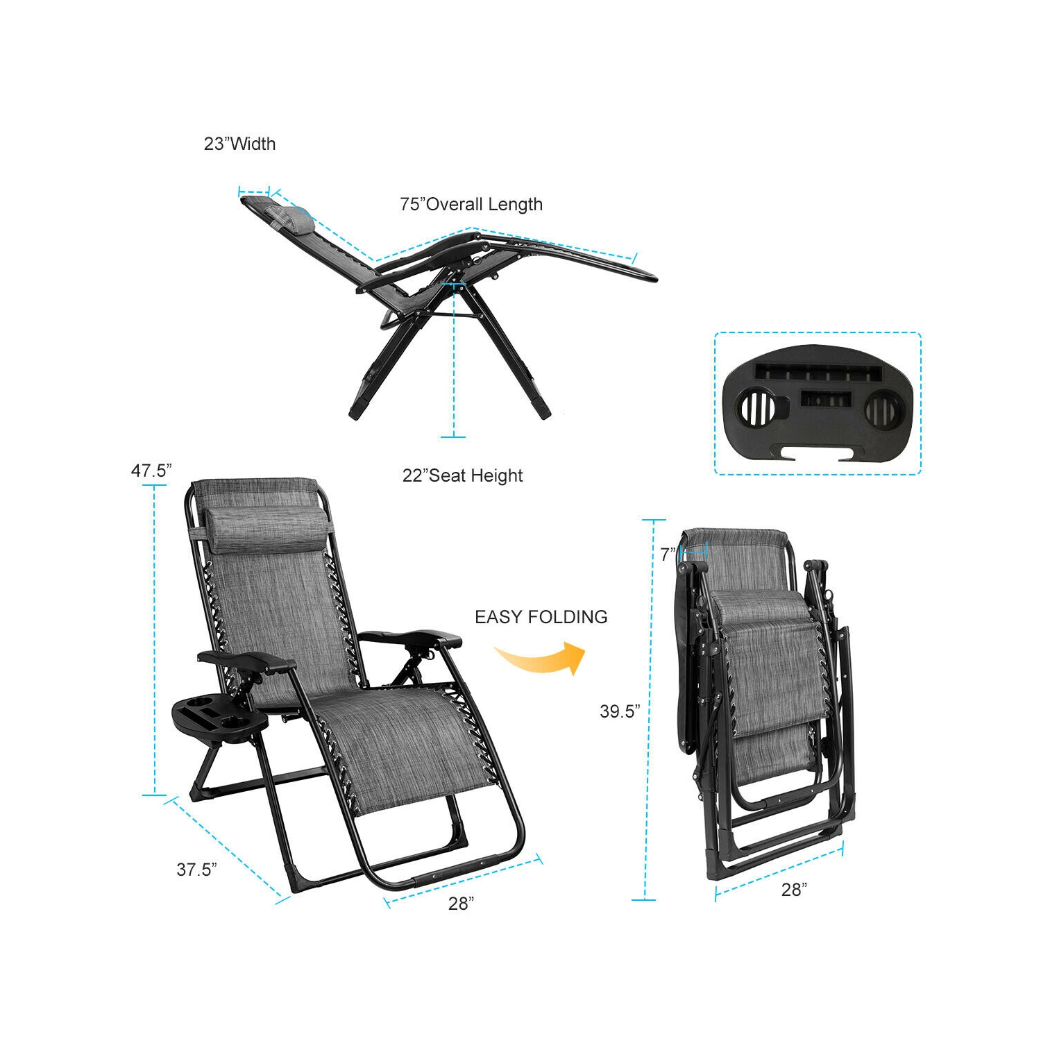 Gymax Folding Zero weighted Lounge Chair Recliner w/ Cup Holder Tray Pillow
