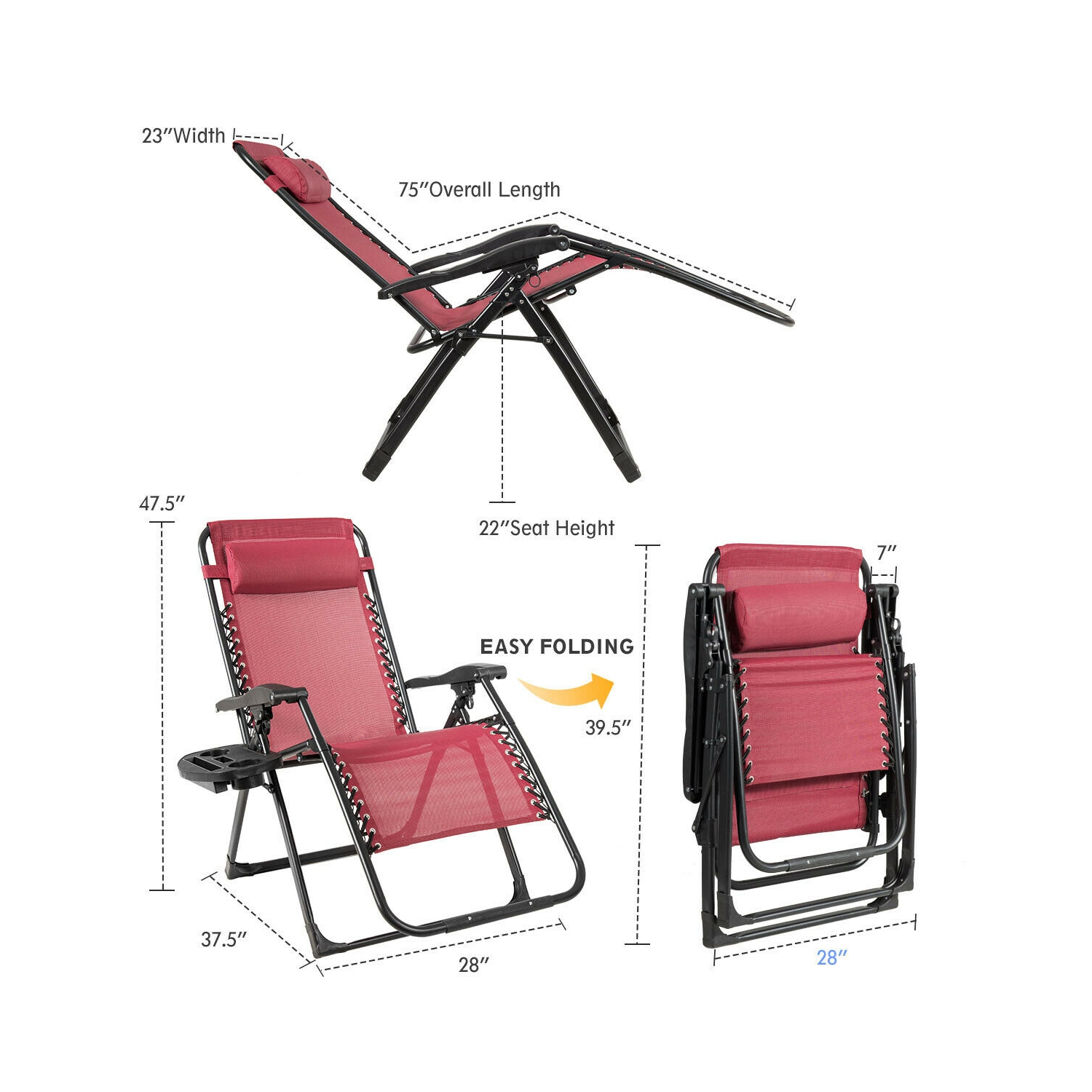Gymax 2PCS Folding Zero weighted Lounge Chair Recliner w/ Cup Holder Pillow