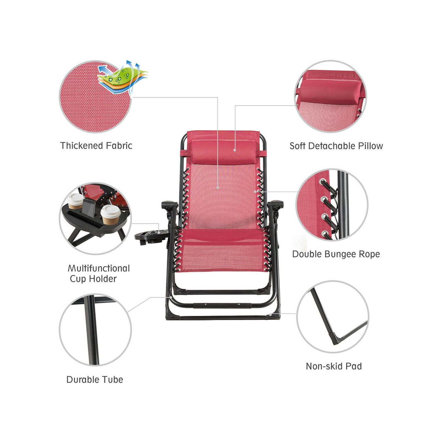 Gymax 2PCS Folding Zero weighted Lounge Chair Recliner w/ Cup Holder Pillow