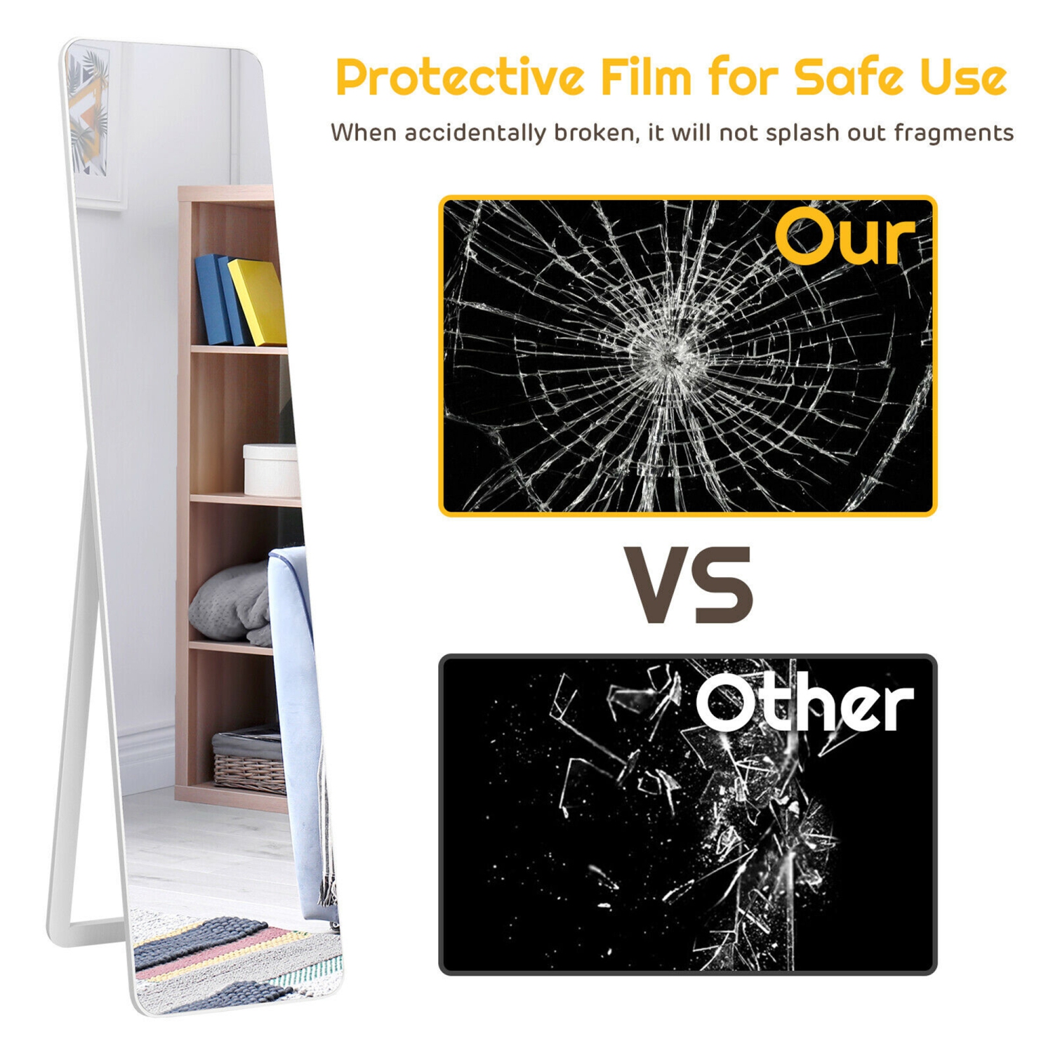 Gymax Full Length Floor Mirror Frameless Wall Mounted Mirror Bedroom Bathroom White