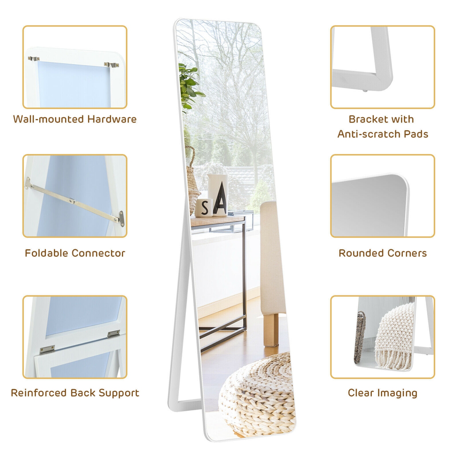 Gymax Full Length Floor Mirror Frameless Wall Mounted Mirror Bedroom Bathroom White