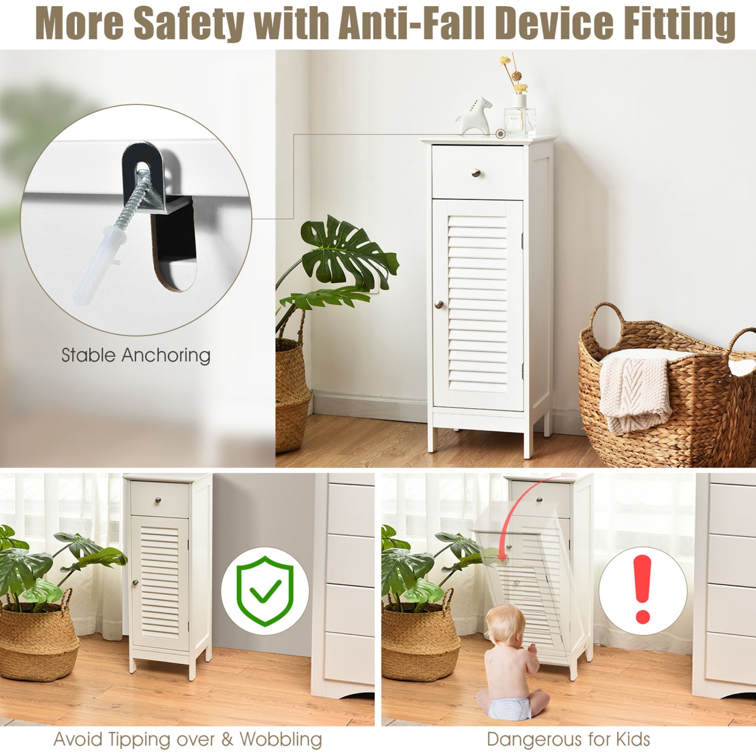 Gymax Bathroom Floor Storage Cabinet Side Wooden Organizer w/ Drawer & Shutter Door