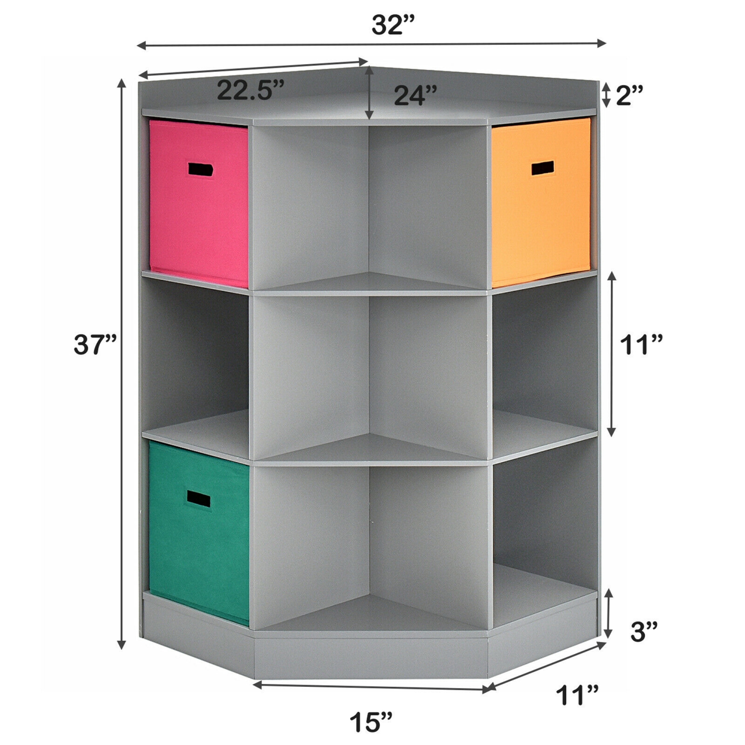 Gymax 3-Tier Kid Storage Shelf Cubes w/3 Baskets Corner Cabinet Organizer Gray
