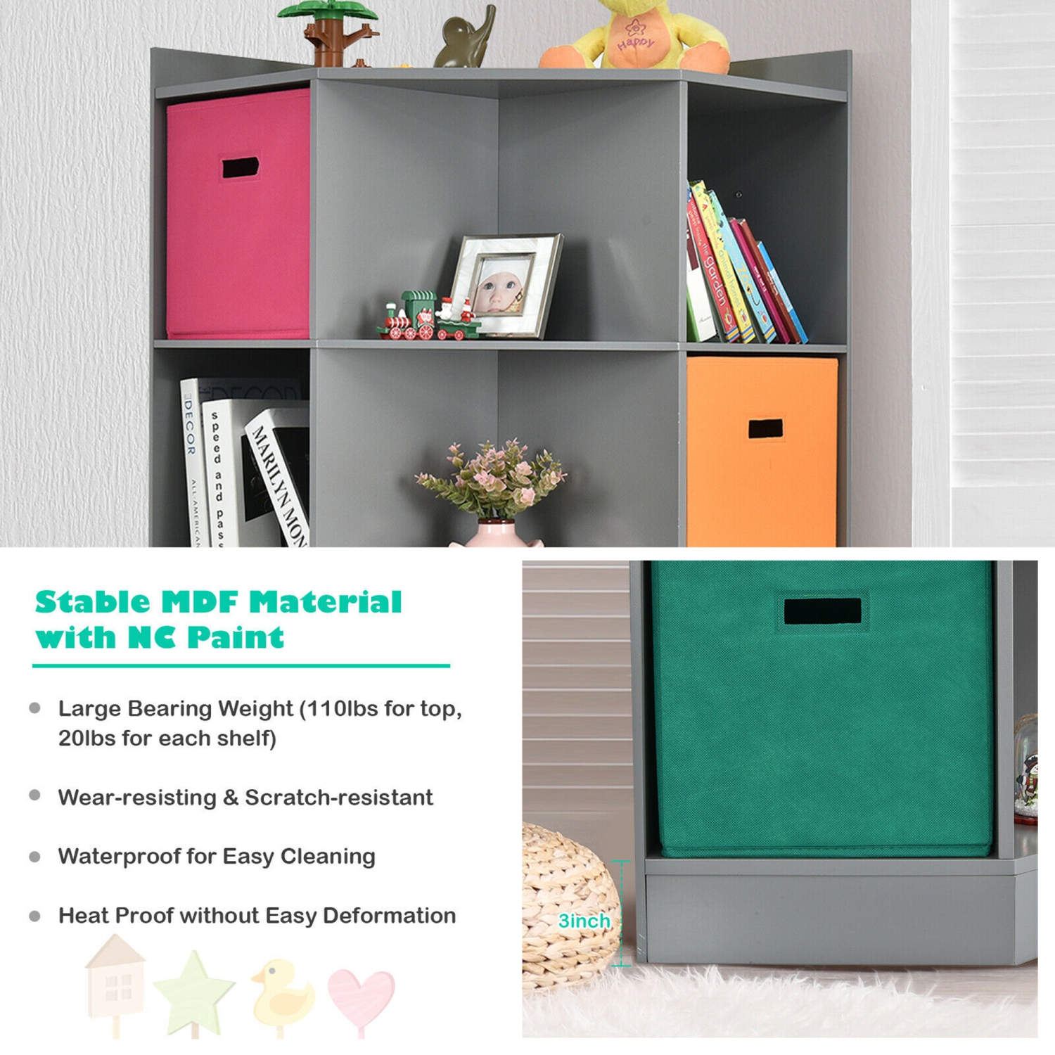 Gymax 3-Tier Kid Storage Shelf Cubes w/3 Baskets Corner Cabinet Organizer Gray