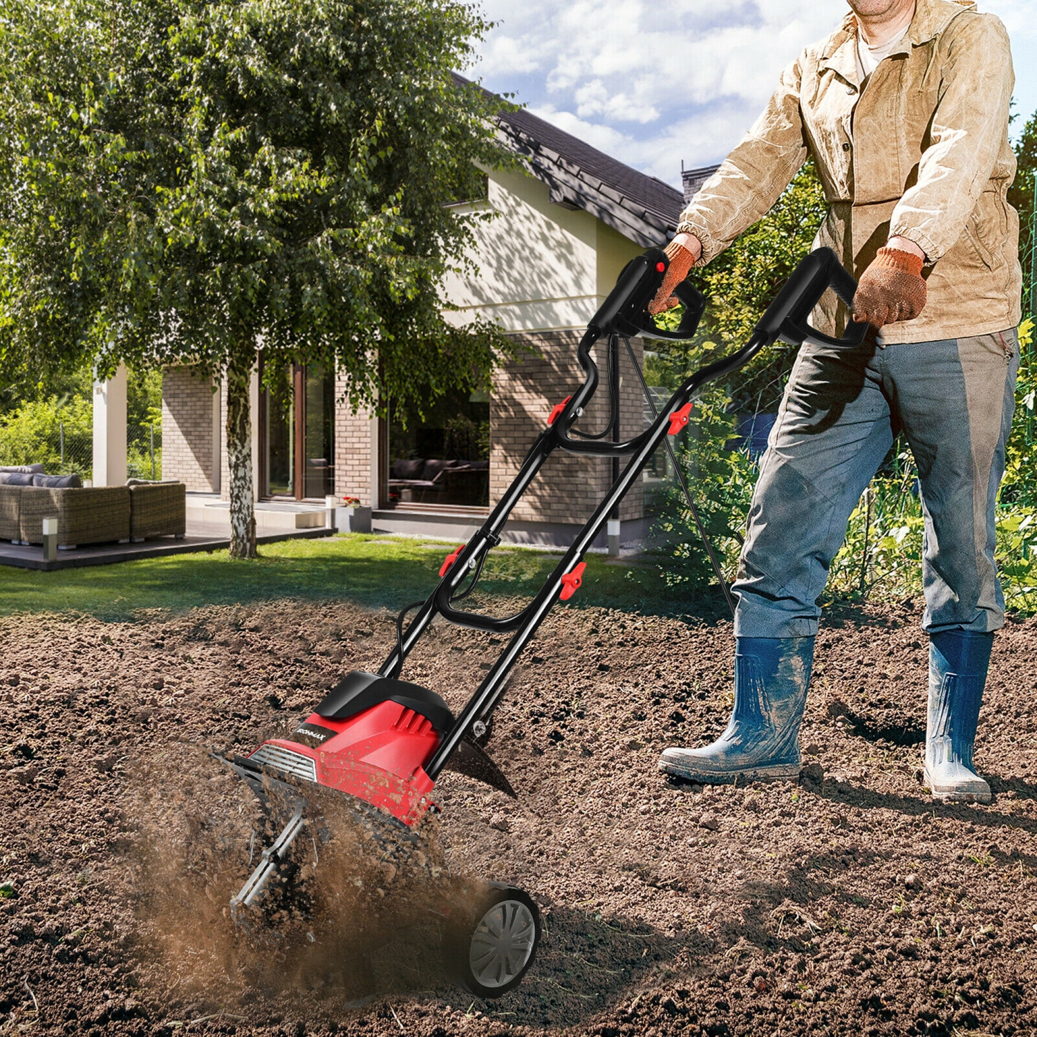 Gymax 14-Inch 10 Amp Corded Electric Tiller and Cultivator 9'' Tilling Depth Red
