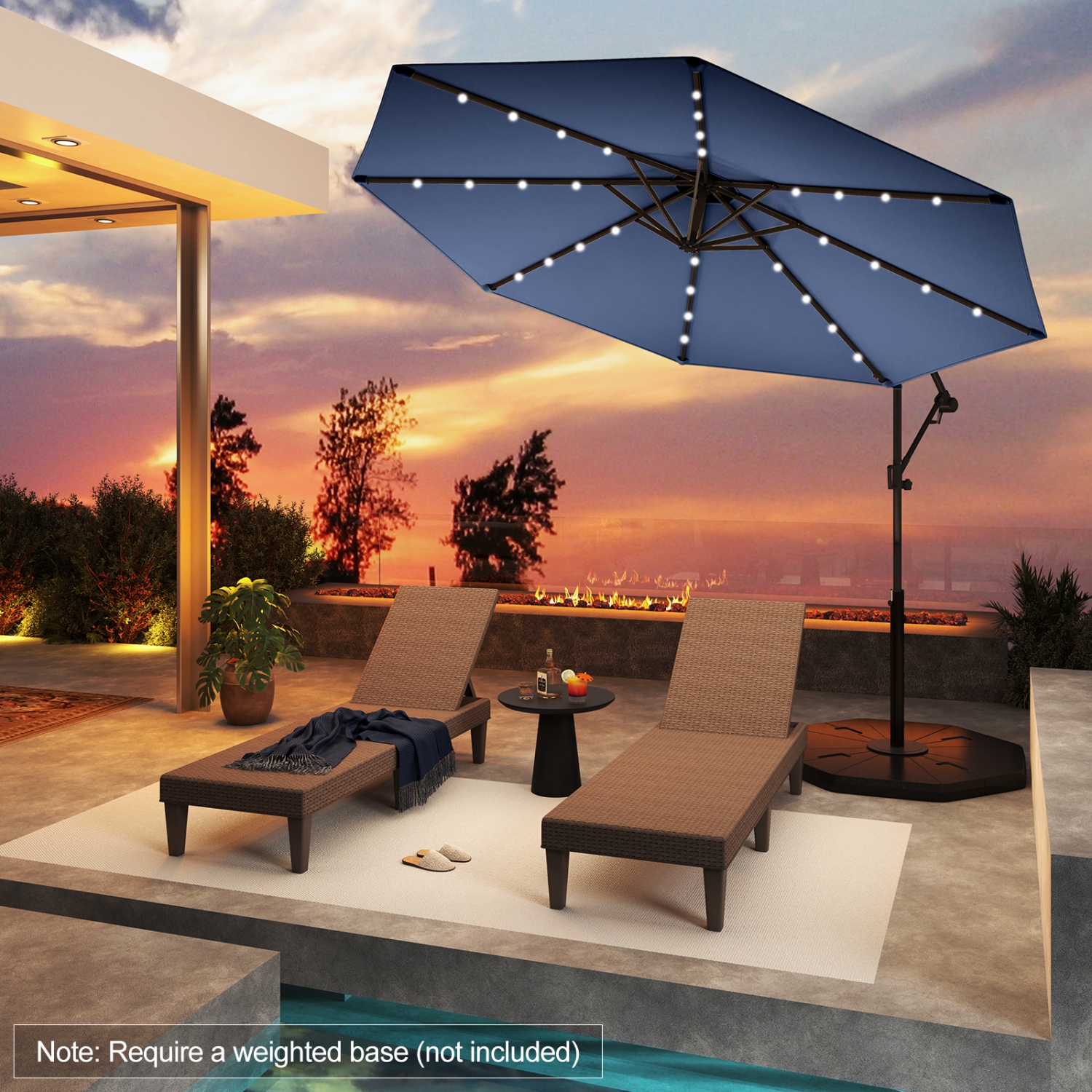 Gymax 10Ft Offset Hanging Umbrella Patio Outdoor w/ 32 Solar LED Lights