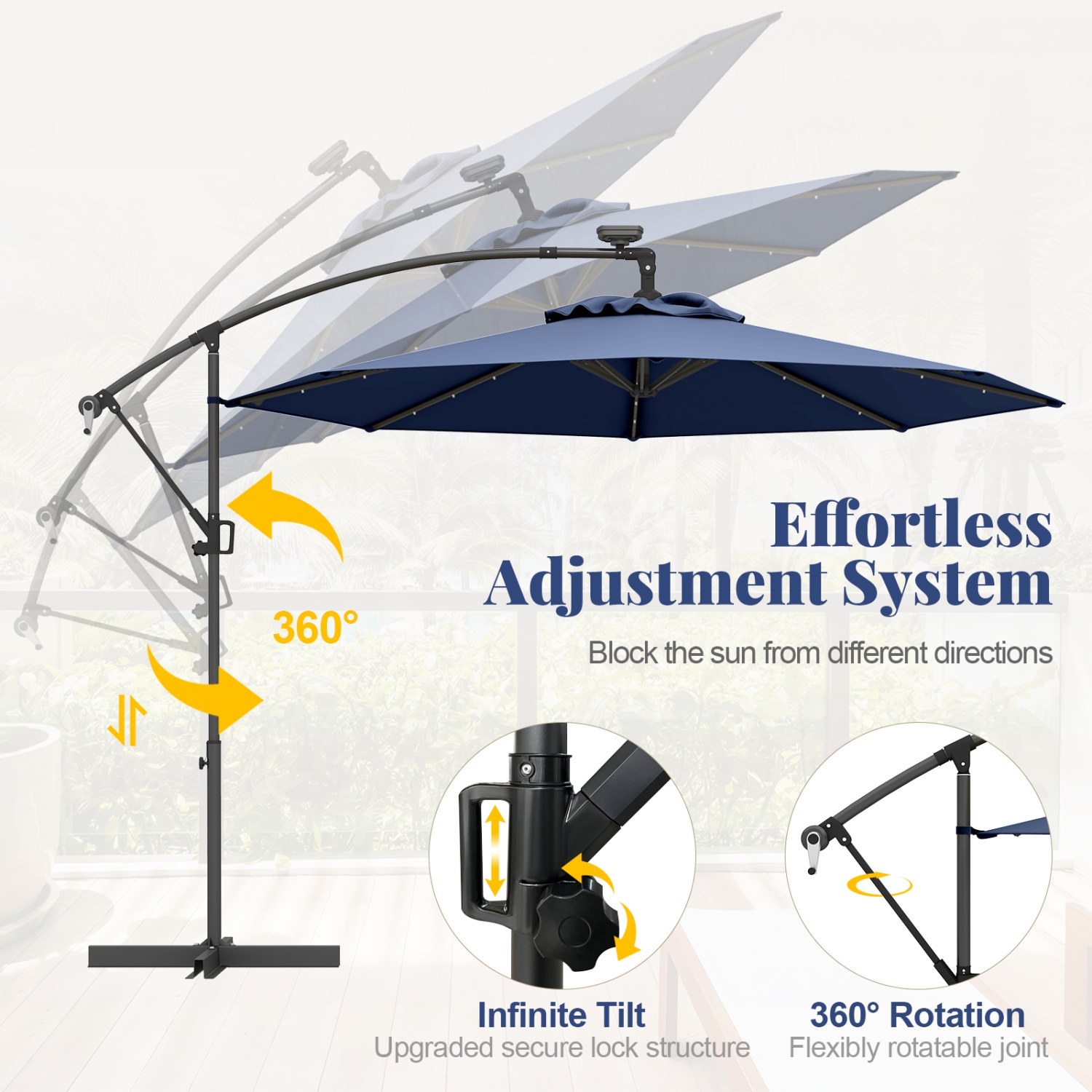Gymax 10Ft Offset Hanging Umbrella Patio Outdoor w/ 32 Solar LED Lights