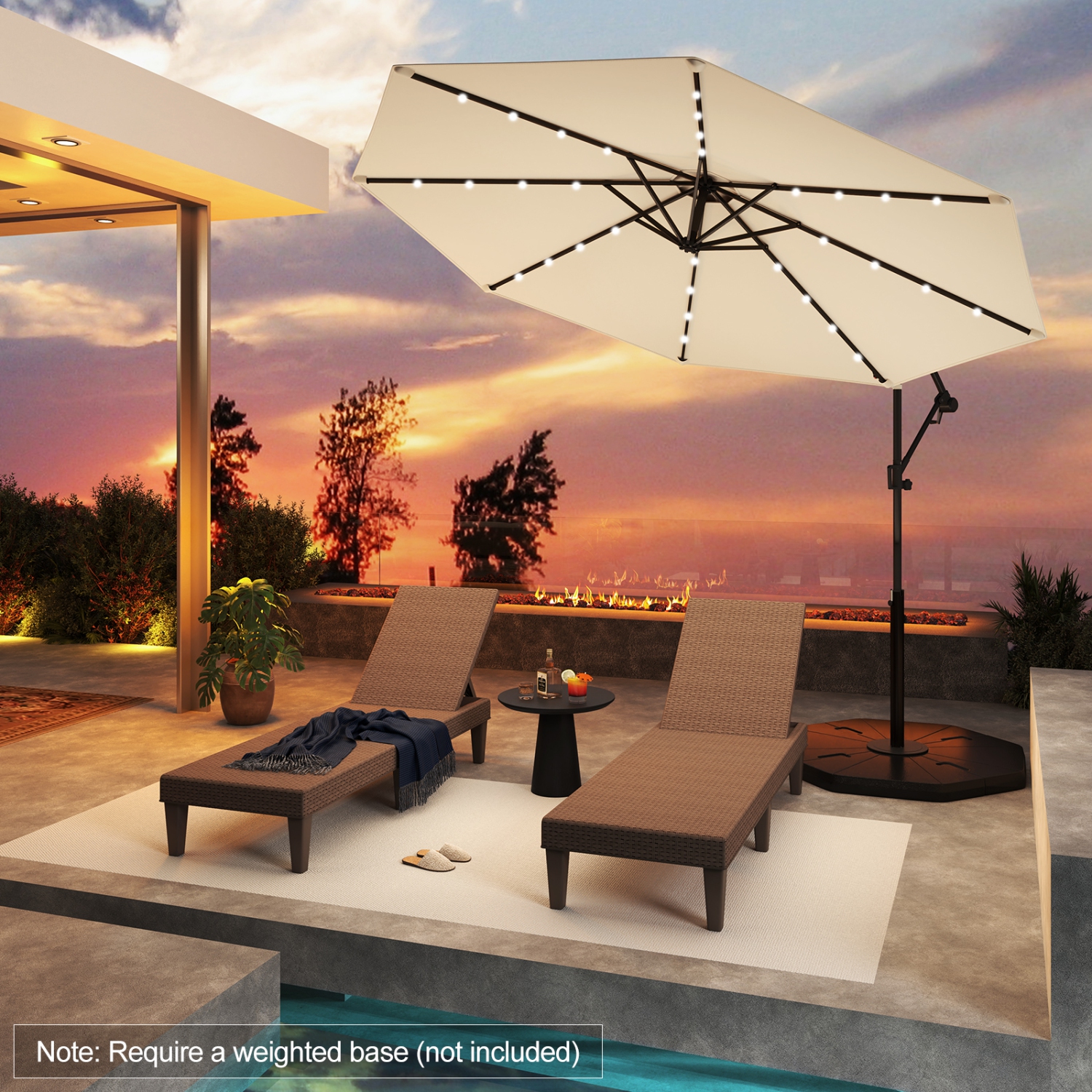 Gymax 10Ft Offset Hanging Umbrella Patio Outdoor w/ 32 Solar LED Lights