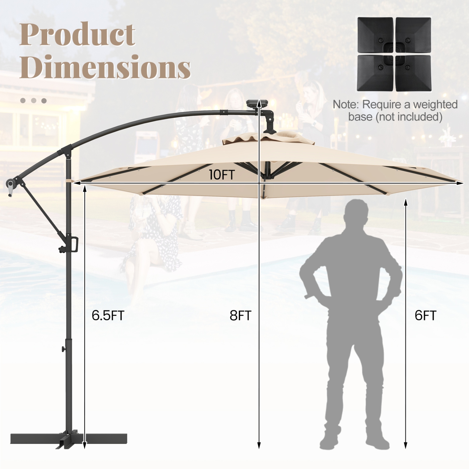 Gymax 10Ft Offset Hanging Umbrella Patio Outdoor w/ 32 Solar LED Lights