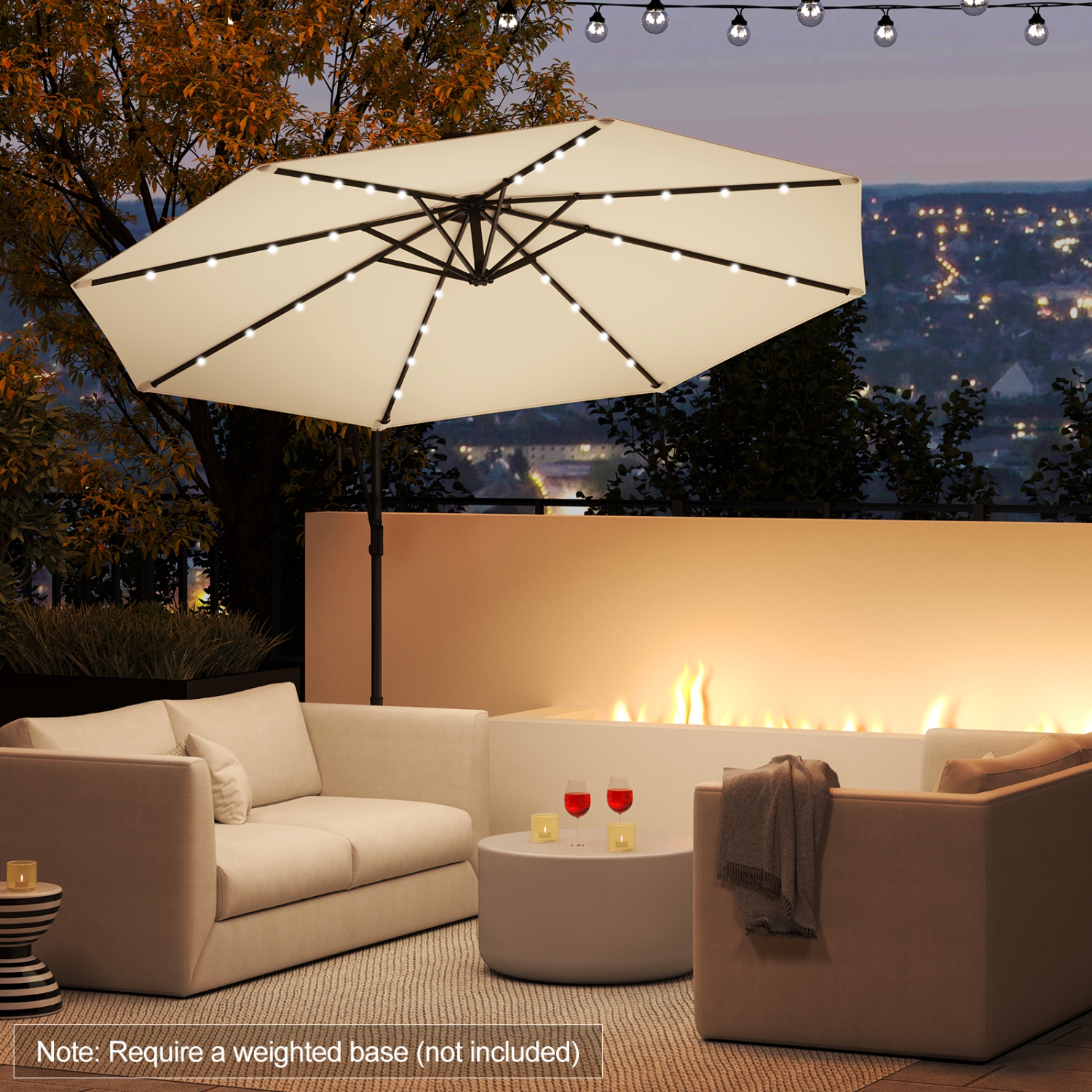 Gymax 10Ft Offset Hanging Umbrella Patio Outdoor w/ 32 Solar LED Lights