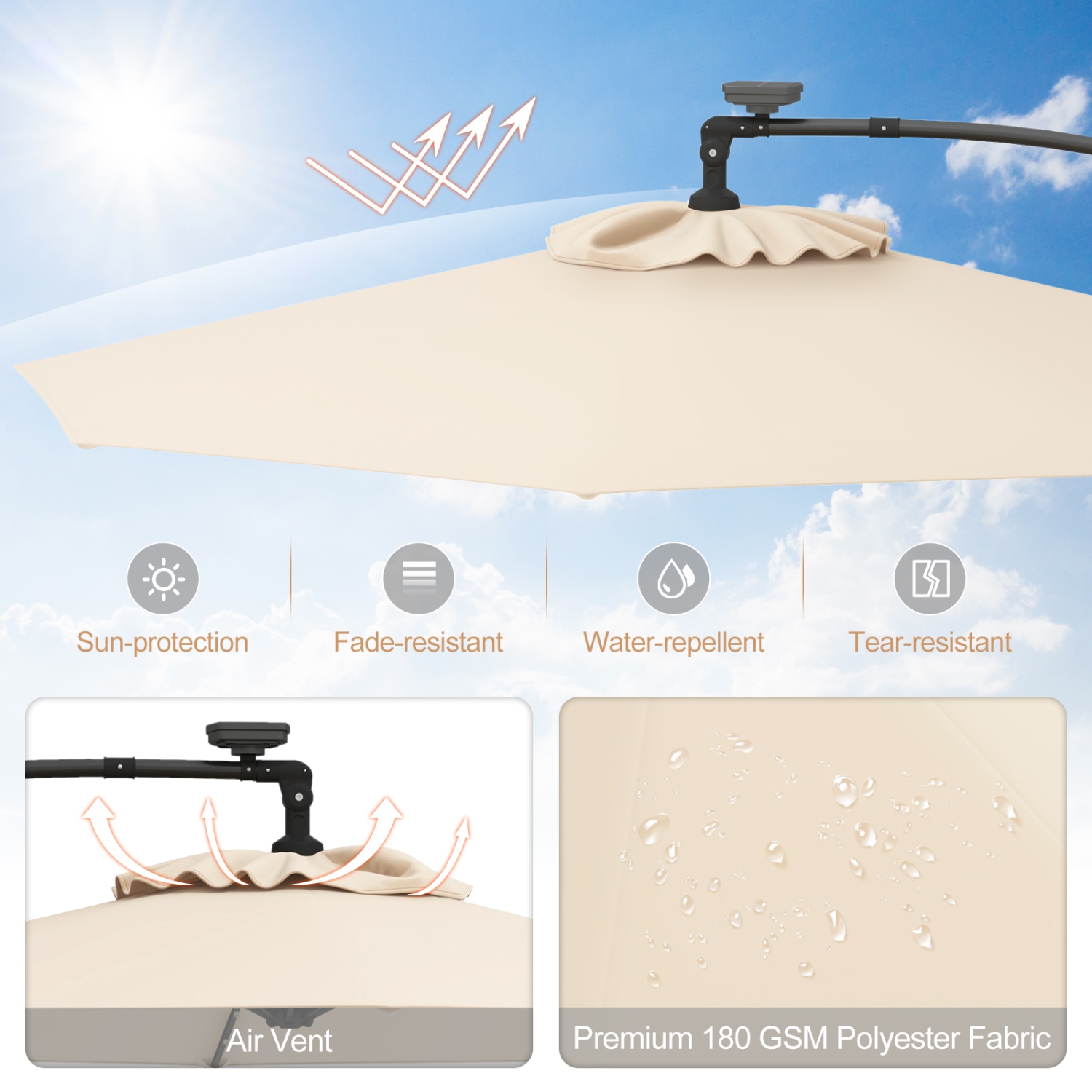 Gymax 10Ft Offset Hanging Umbrella Patio Outdoor w/ 32 Solar LED Lights