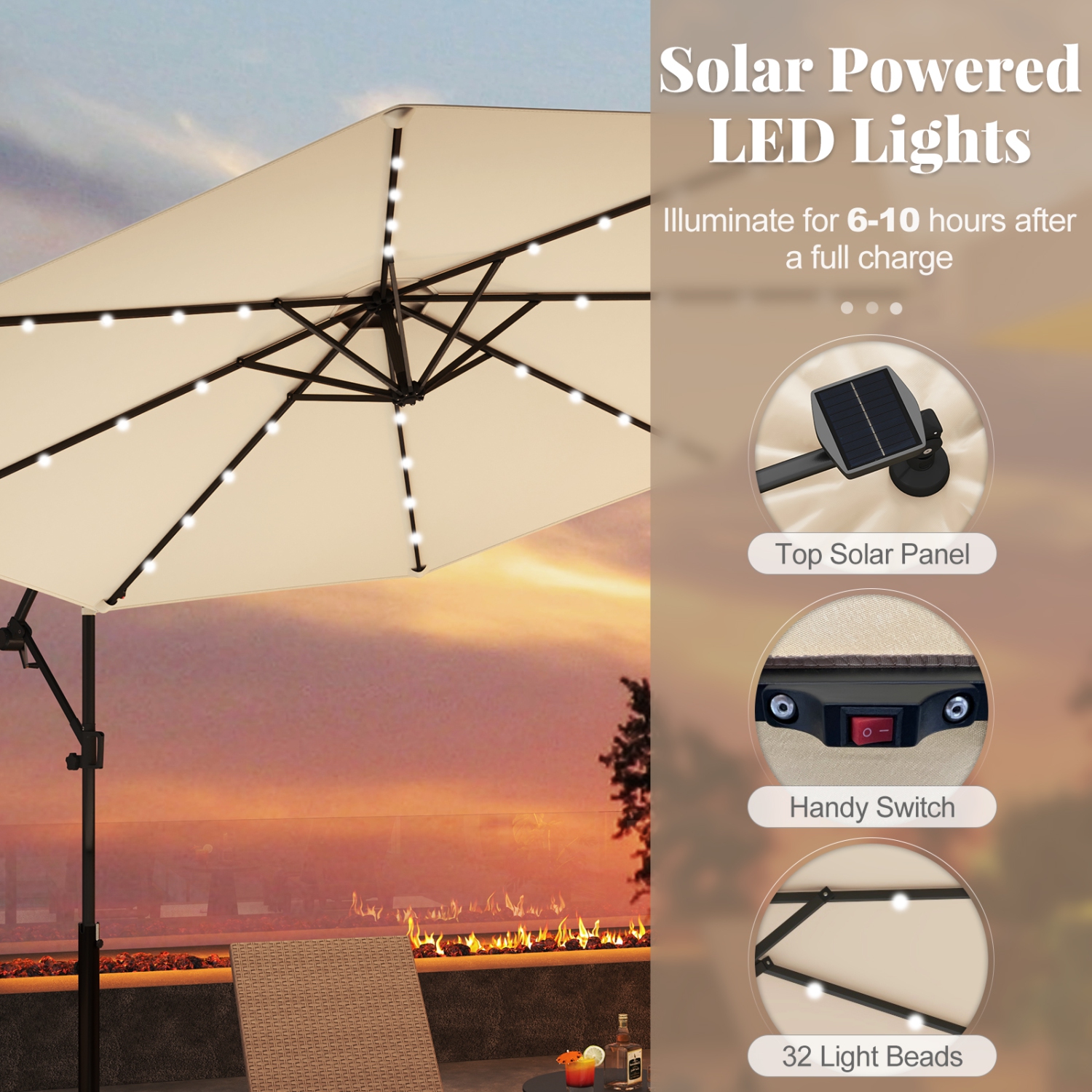 Gymax 10Ft Offset Hanging Umbrella Patio Outdoor w/ 32 Solar LED Lights