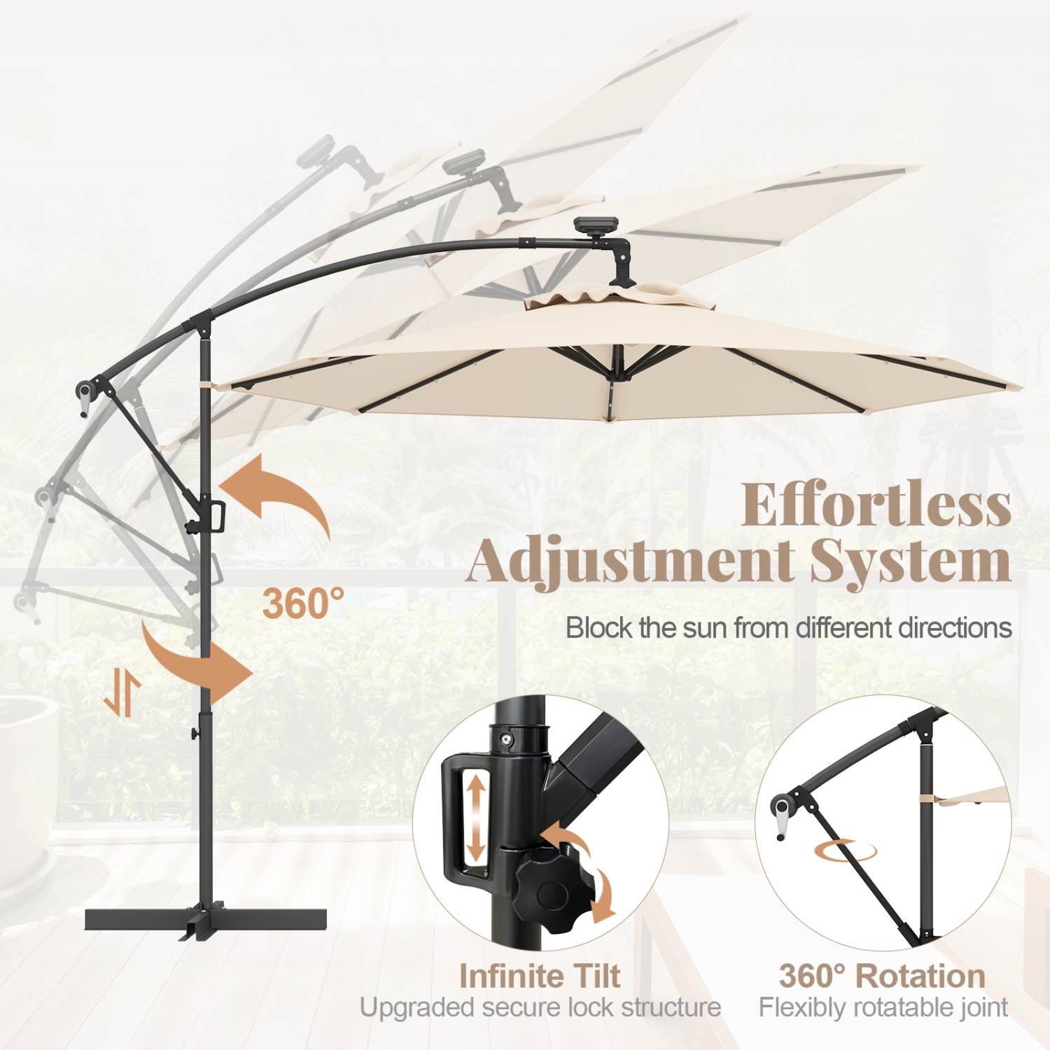 Gymax 10Ft Offset Hanging Umbrella Patio Outdoor w/ 32 Solar LED Lights