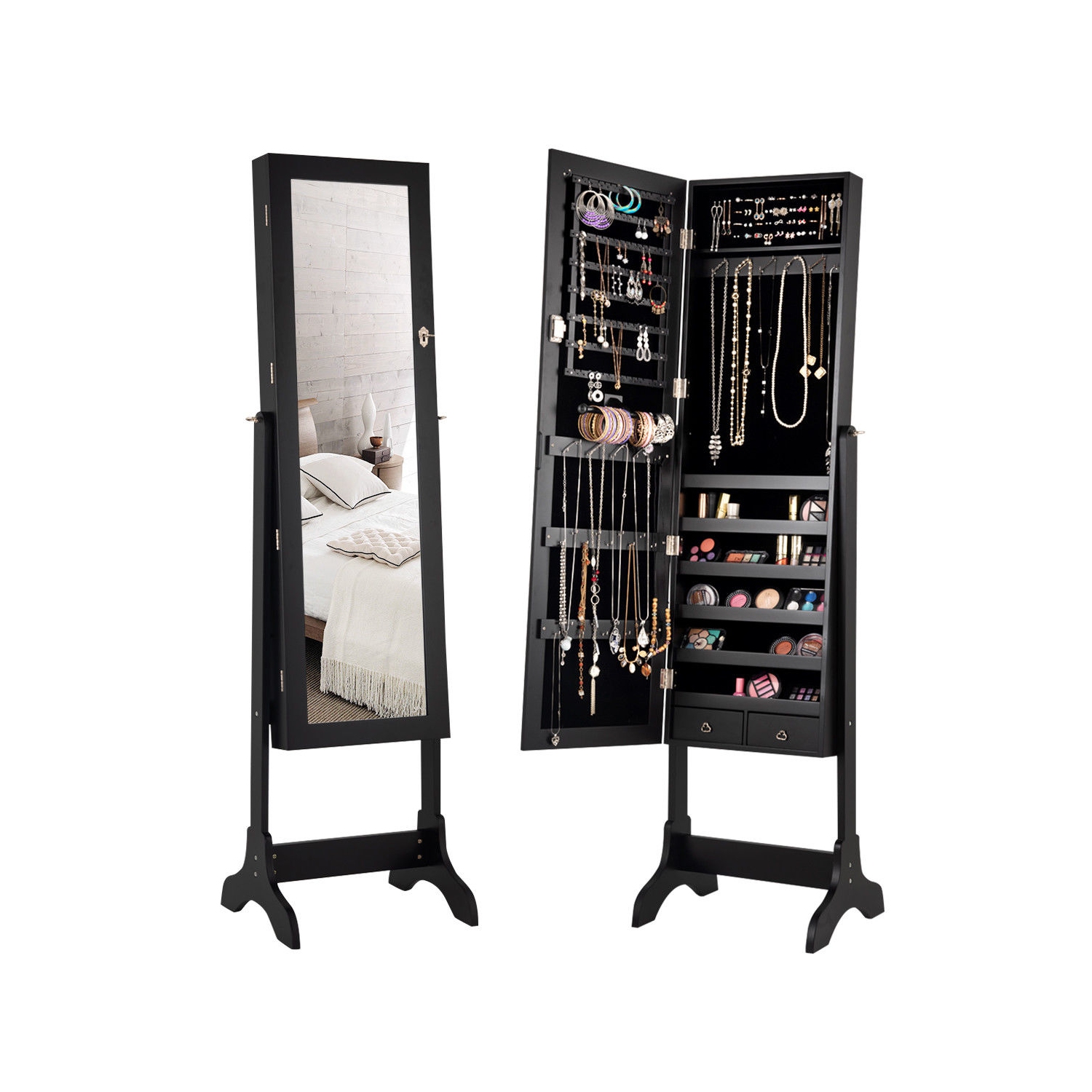 Gymax Jewelry Organizer Vanity Box w/ Full Length Mirror Black/ White