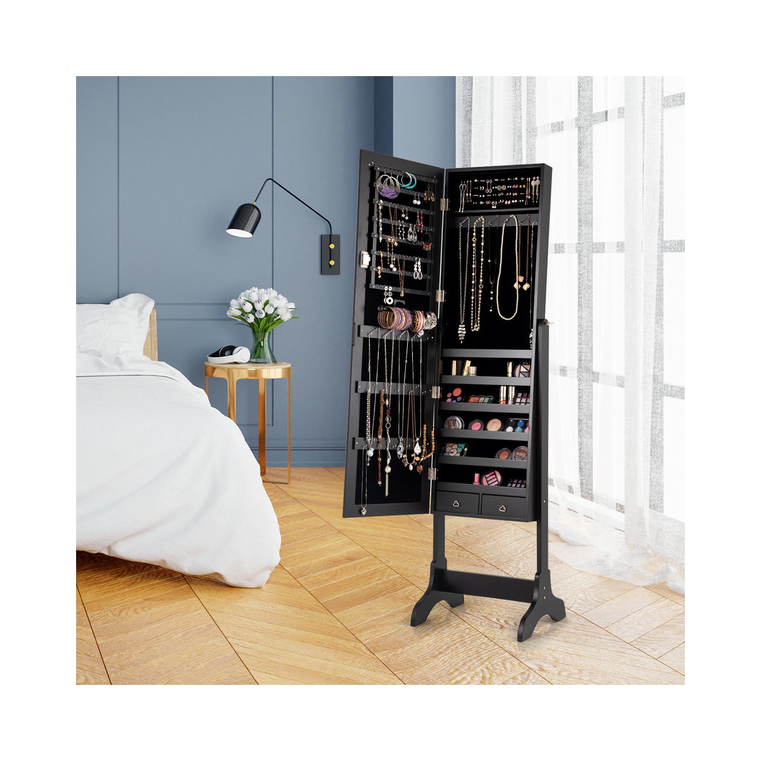 Gymax Jewelry Organizer Vanity Box w/ Full Length Mirror Black/ White