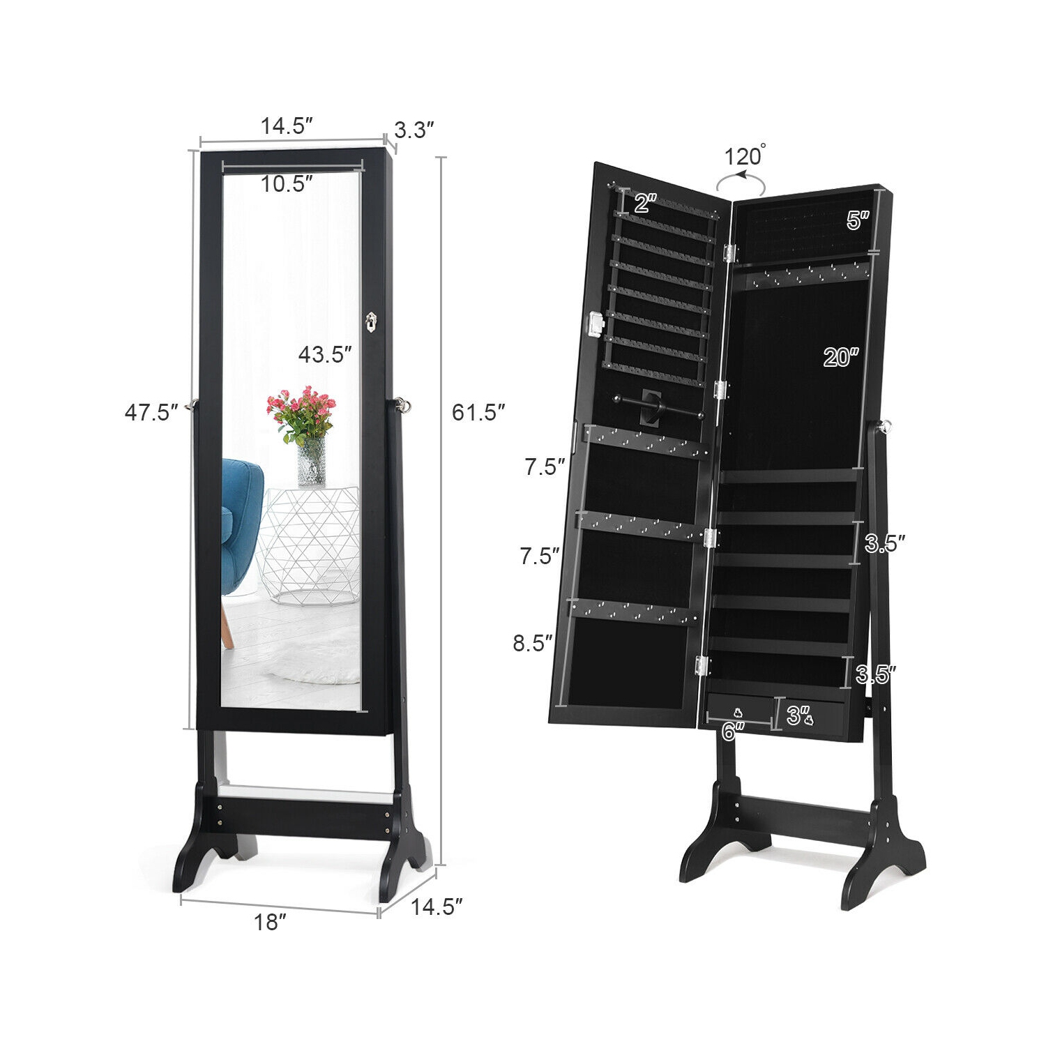 Gymax Jewelry Organizer Vanity Box w/ Full Length Mirror Black/ White