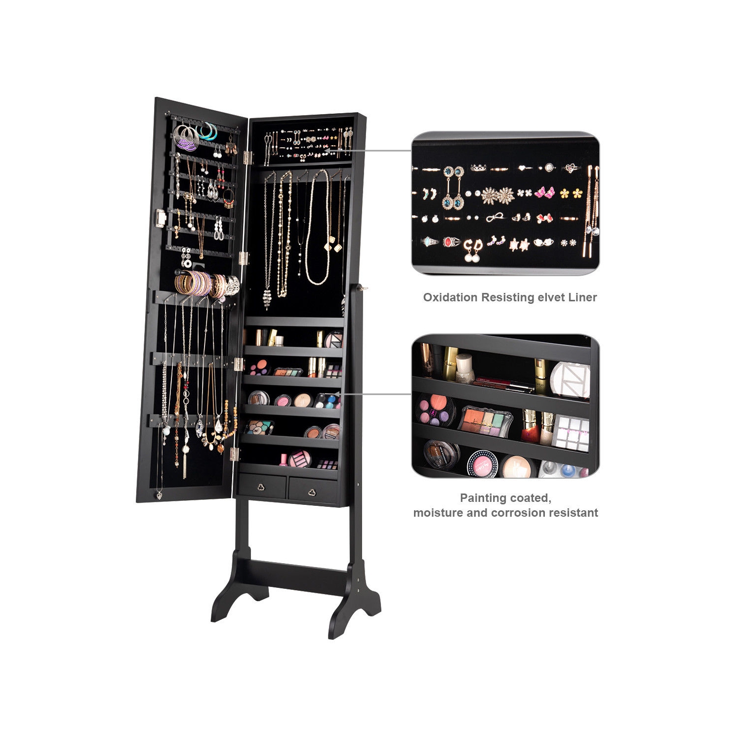 Gymax Jewelry Organizer Vanity Box w/ Full Length Mirror Black/ White