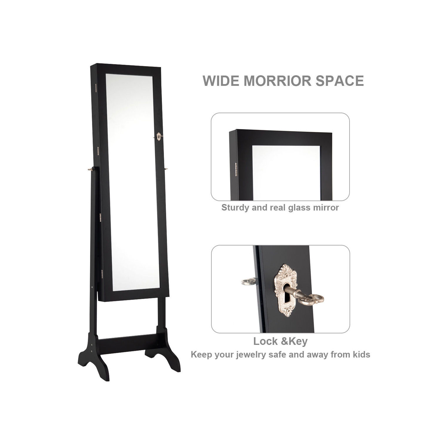 Gymax Jewelry Organizer Vanity Box w/ Full Length Mirror Black/ White