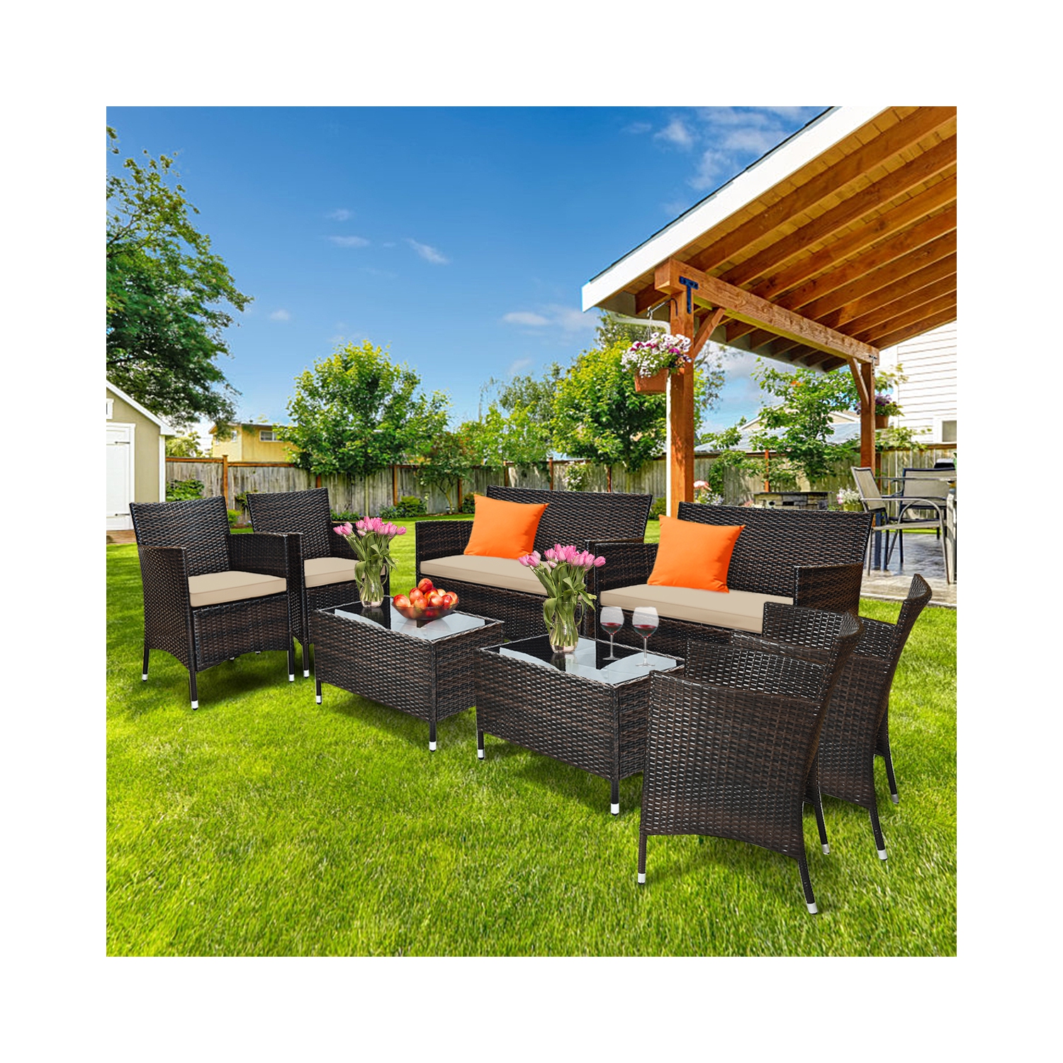 Gymax 8PCS Patio Rattan Conversation Furniture Set Outdoor w/ Cushion