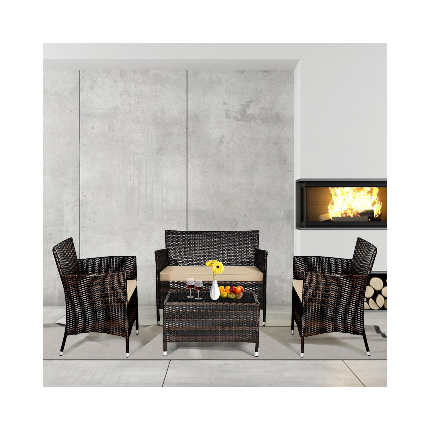 Gymax 8PCS Patio Rattan Conversation Furniture Set Outdoor w/ Cushion