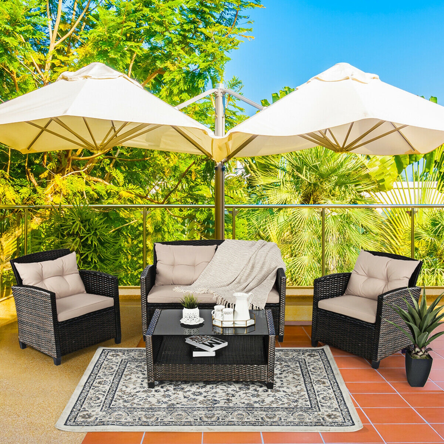 Gymax 8pcs Patio Rattan Conversation Set Cushioned Outdoor Furniture Set