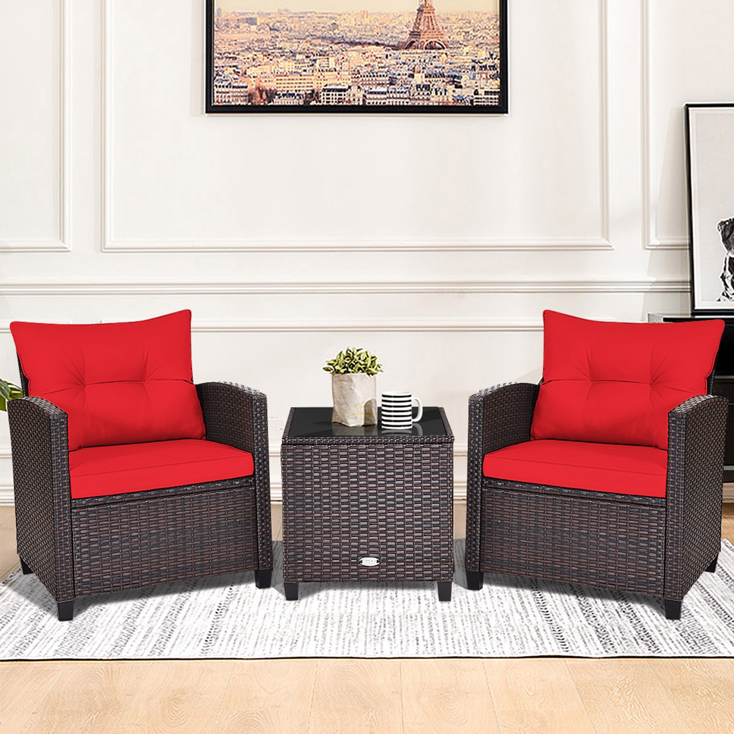 Gymax 3PCS Outdoor Patio Rattan Conversation Set w/ Coffee Table Red Cushion