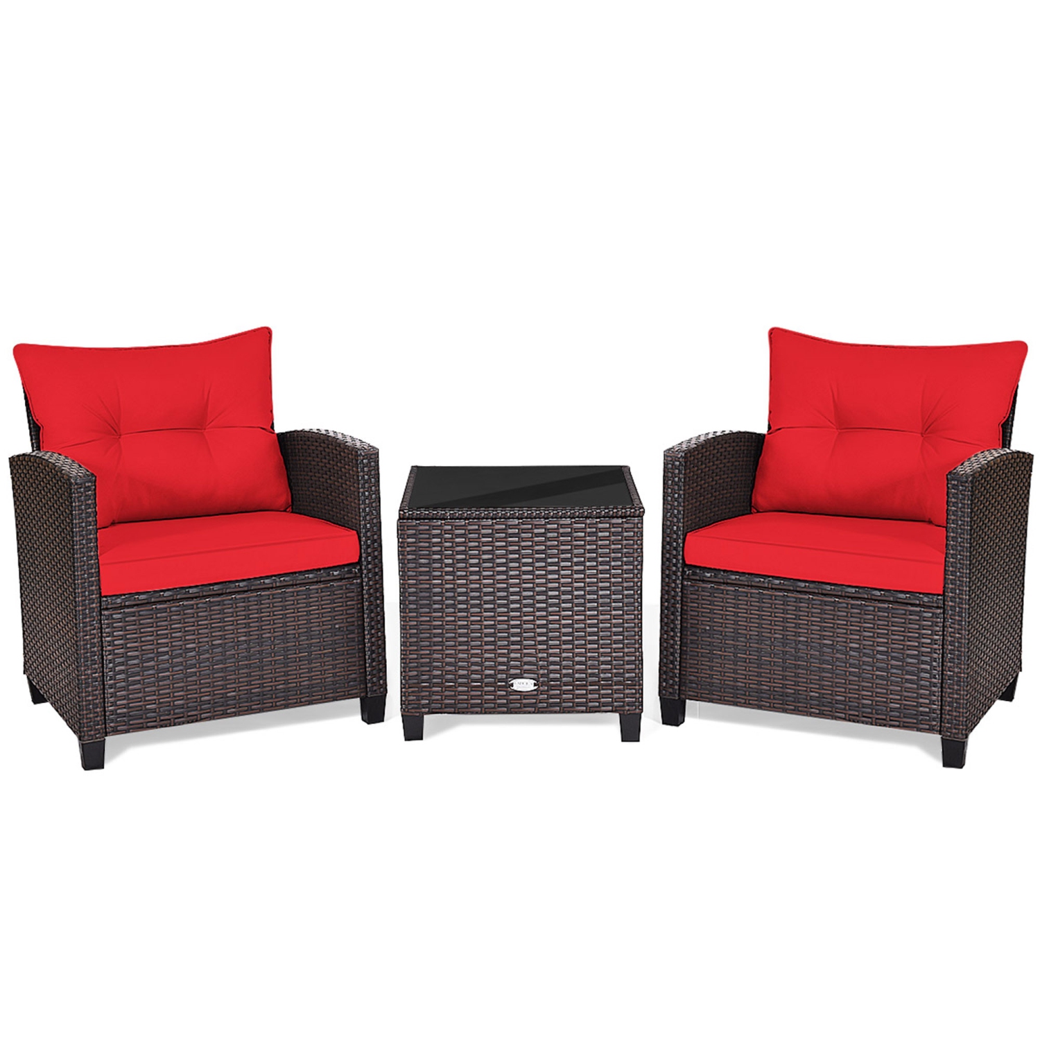 Gymax 3PCS Outdoor Patio Rattan Conversation Set w/ Coffee Table Red Cushion
